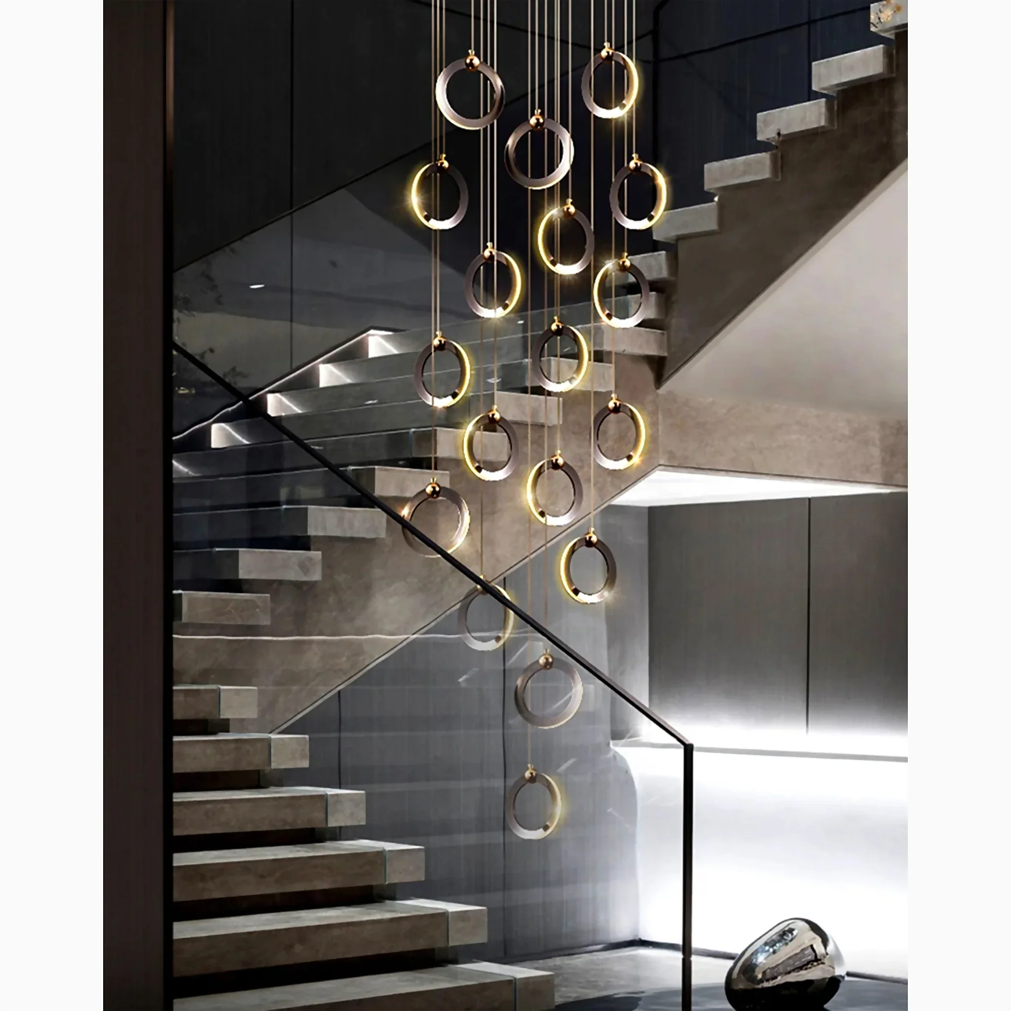 Agra | Elegant Gold Black Led Pendant Rings Chandelier