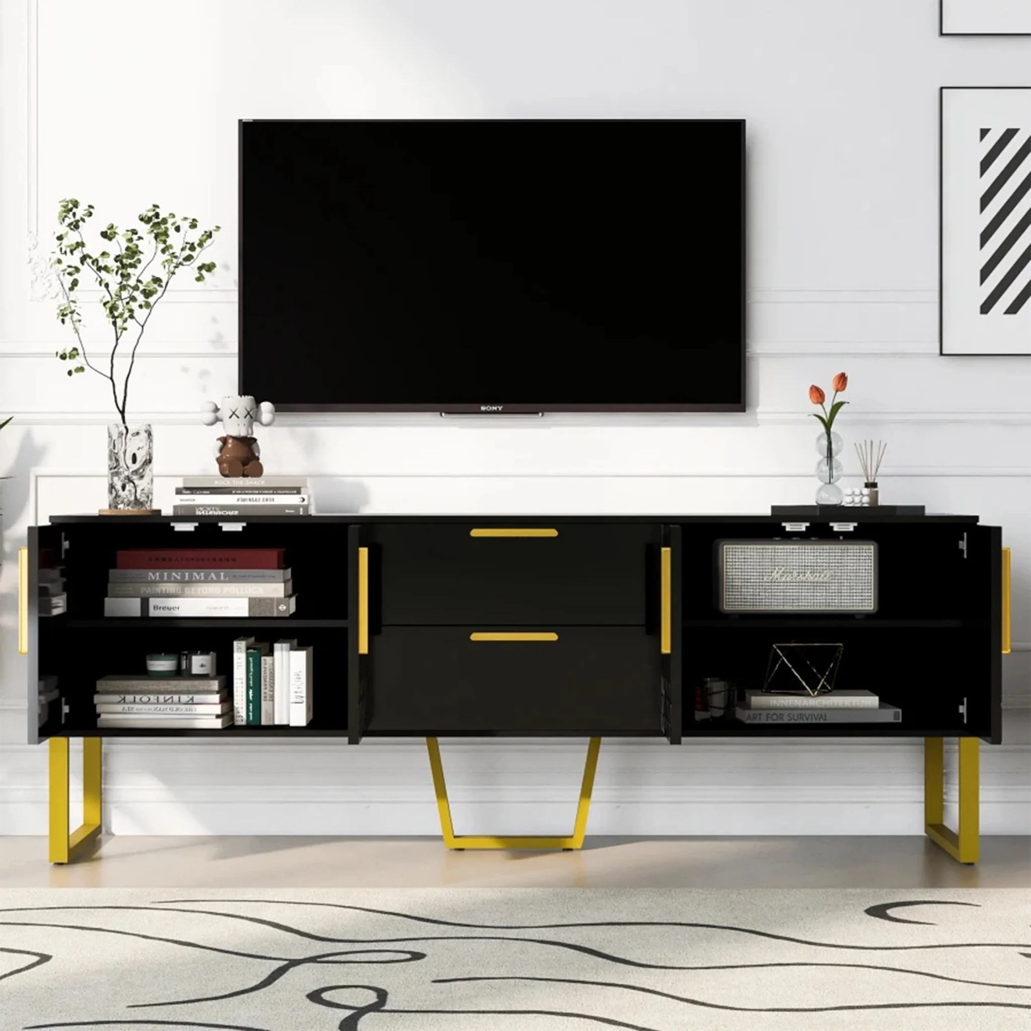 Vah | Elegant Black/White TV Stand with Metal Frame