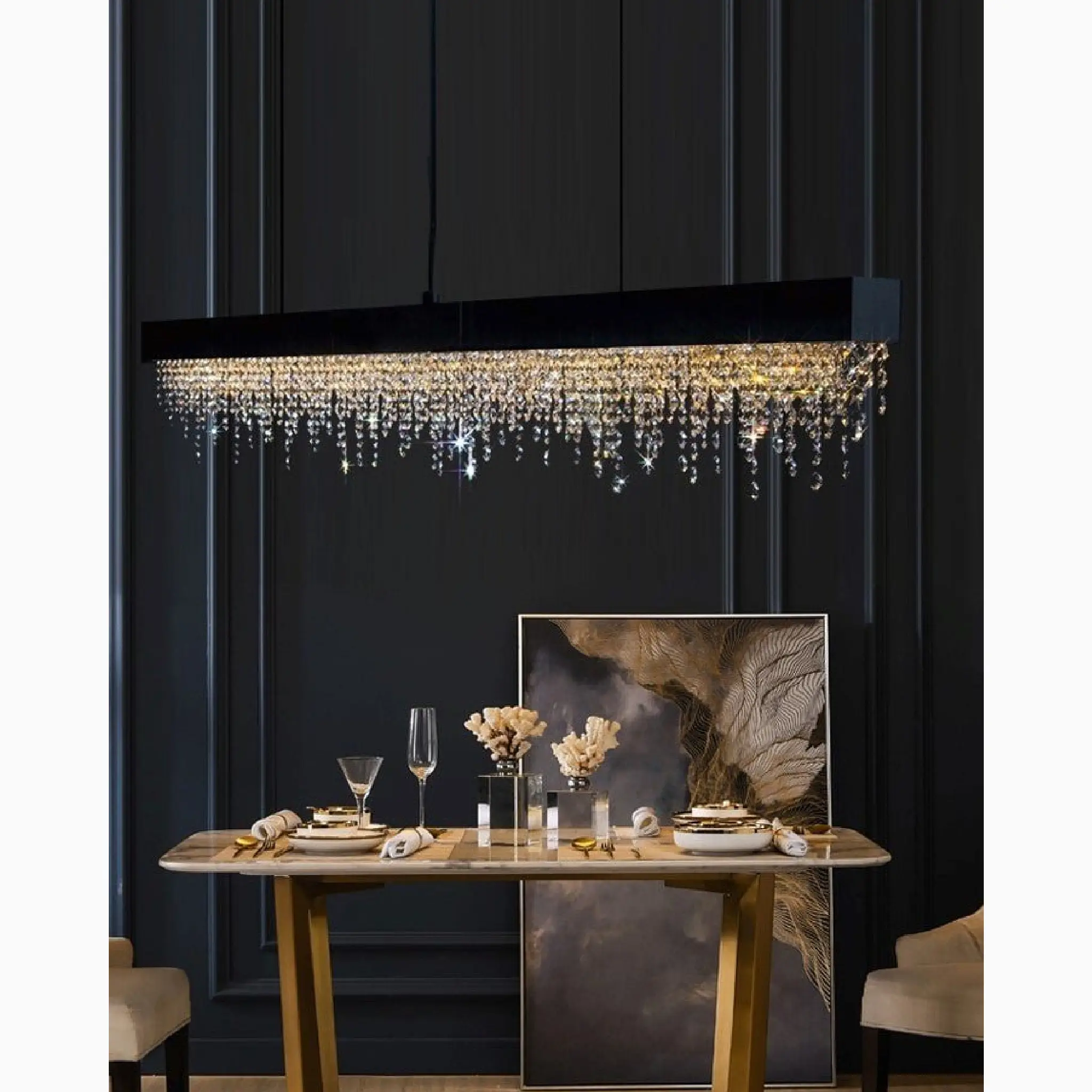 Acquapendente | Gold/Chrome/Black Modern Rectangle Chandelier for Dining Room