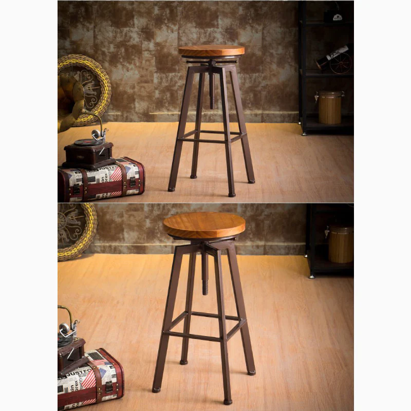 Industrial-Styled Iron Rotating and Lifting Bar Stool Made of Solid Wood