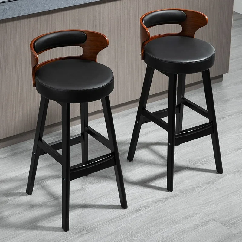 High-Leg Bar Stool with Backrest Made of Solid Wood