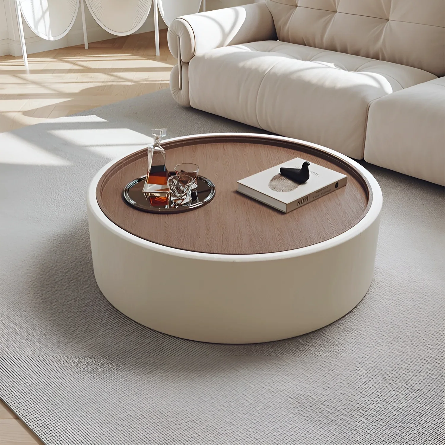 Modern Round Coffee Table with Storage �C Walnut Veneer & Italian Sanded Fabric