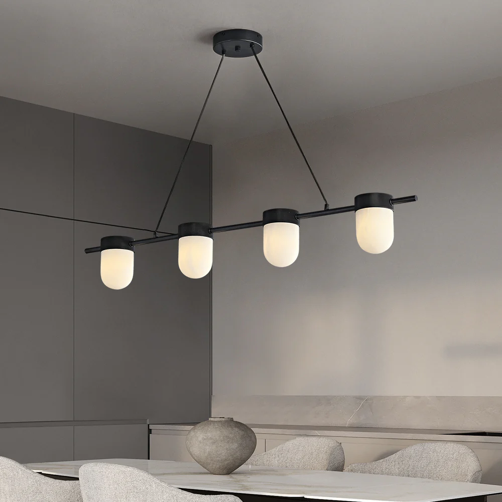 Chic Marble Linear Chandelier Over Dining Table with Hanging Chain