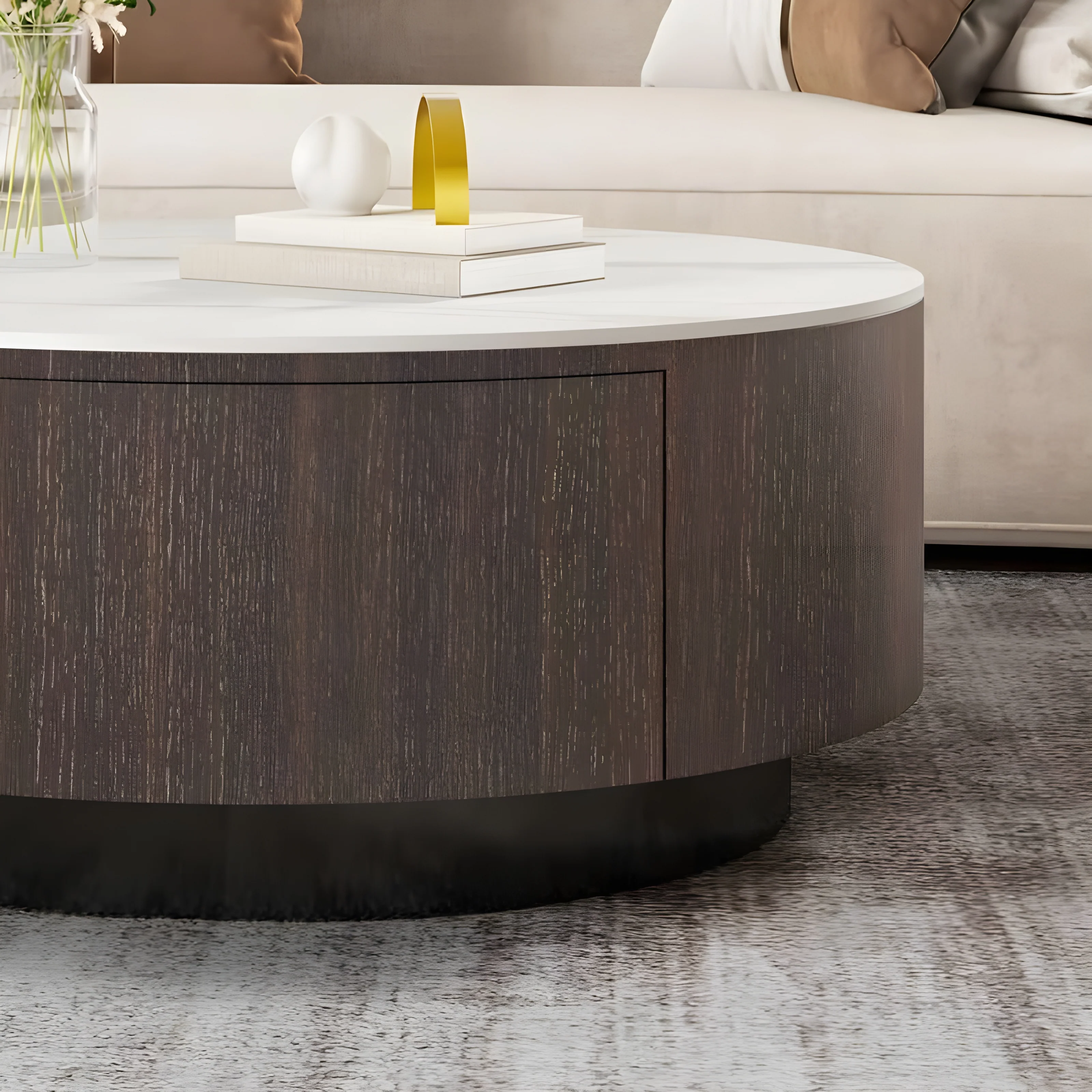 Modern Round Drum Coffee Table with Solid Wood Drawers
