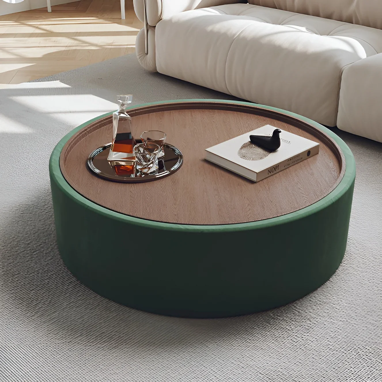 Modern Round Coffee Table with Storage �C Walnut Veneer & Italian Sanded Fabric