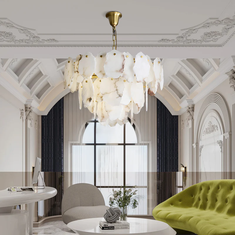 Alabaster Round Chandelier in Mid-Century Modern Style for Living Room