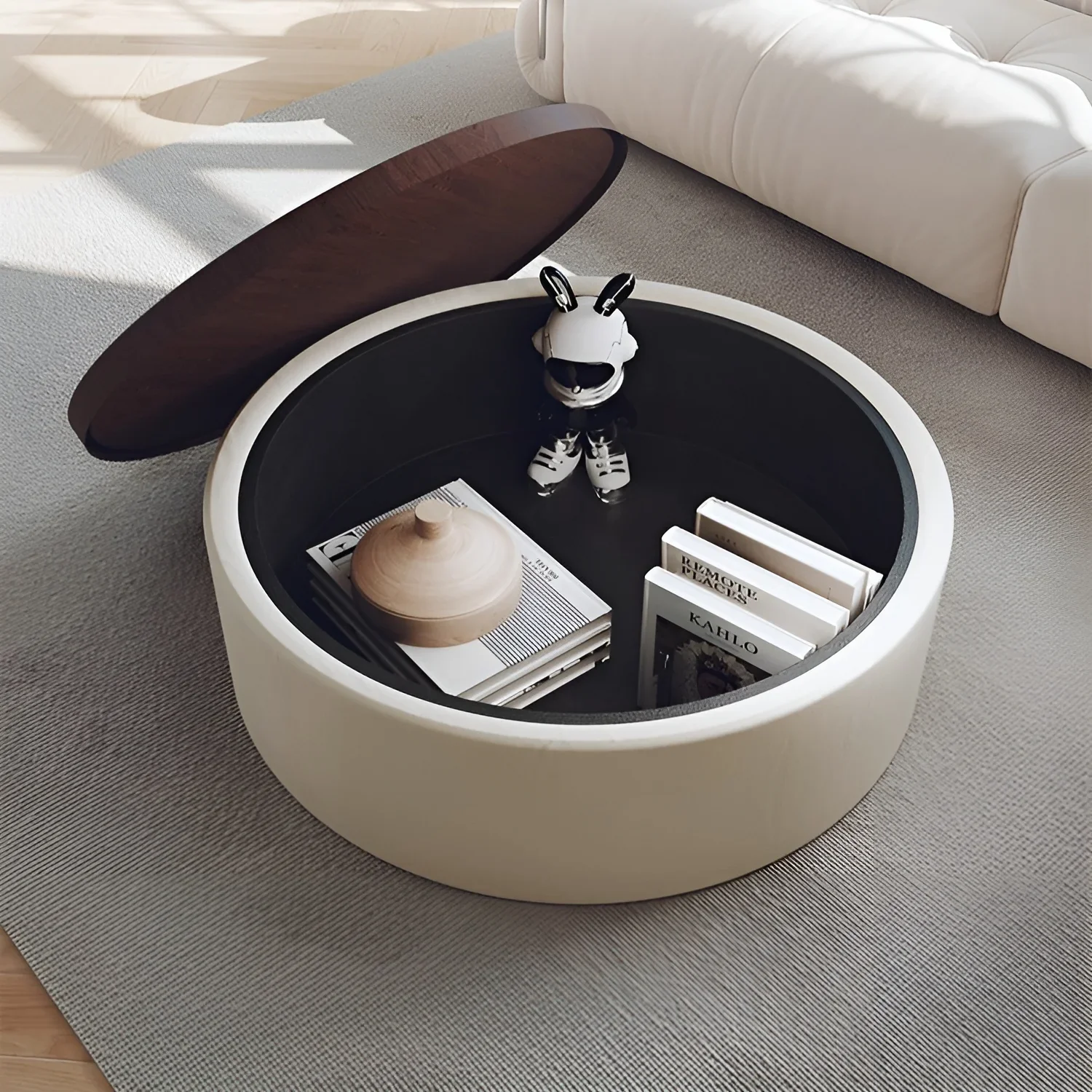 Modern Round Coffee Table with Storage �C Walnut Veneer & Italian Sanded Fabric