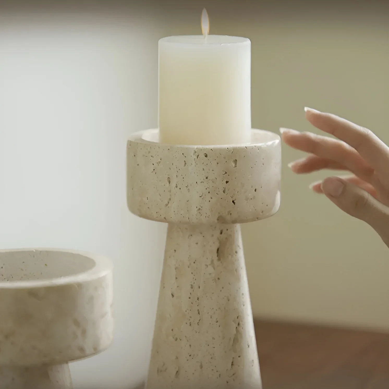Minimalistic Beige Travertine Stone Candle Holder for Dining Room, Living Room