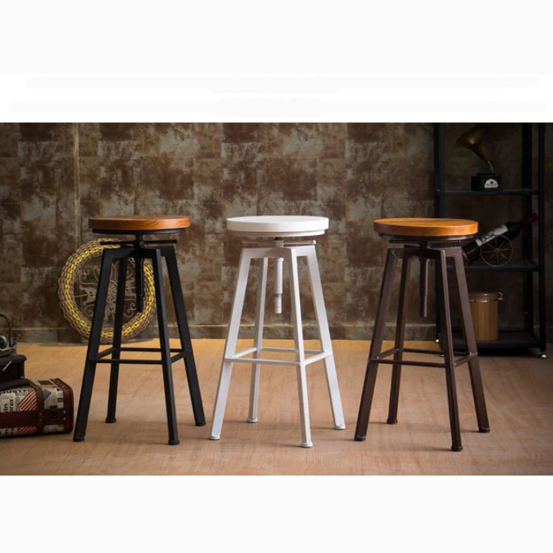 Industrial-Styled Iron Rotating and Lifting Bar Stool Made of Solid Wood
