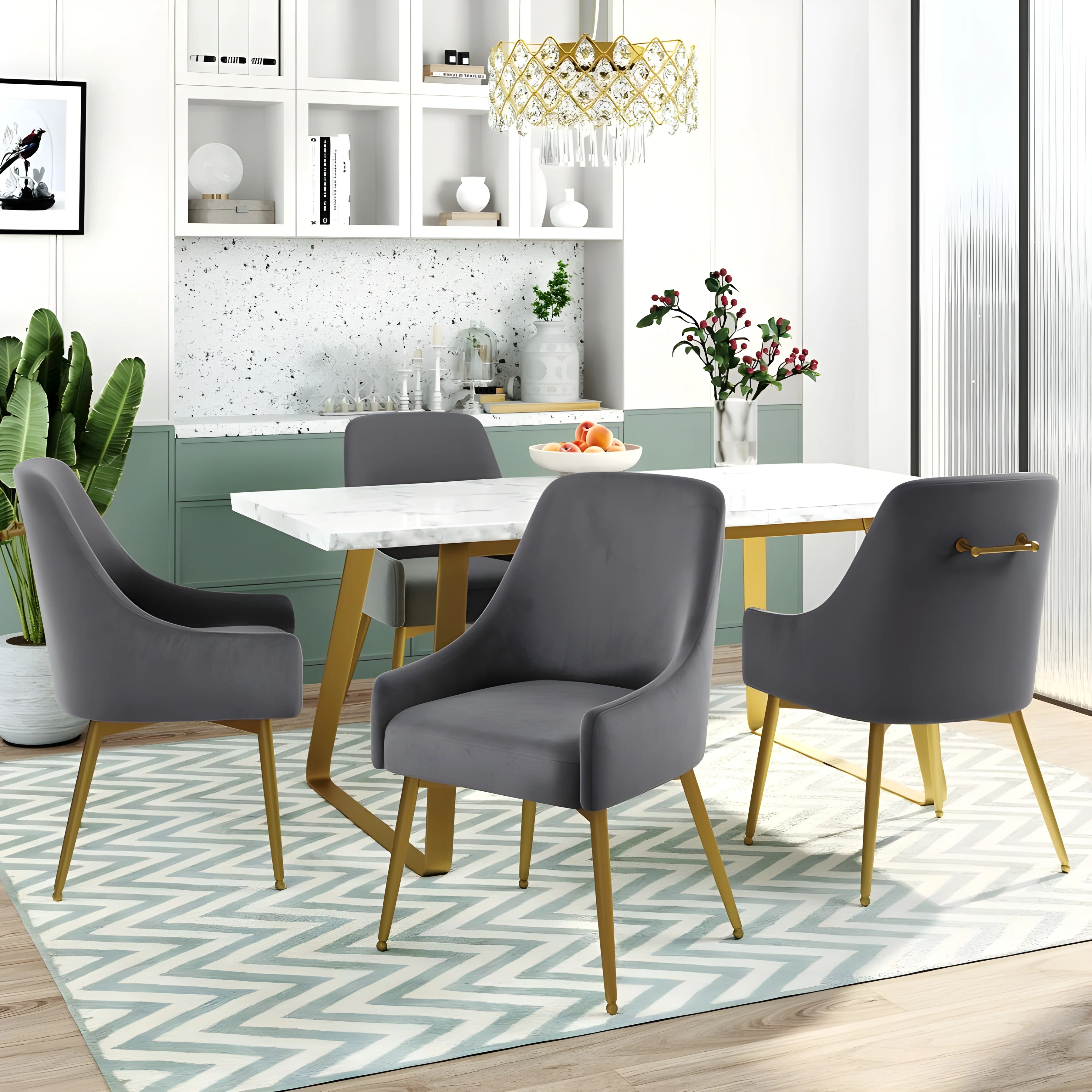 Set of 4 Mid-century Arm Chairs with Metal Base and Upholstered Velvet