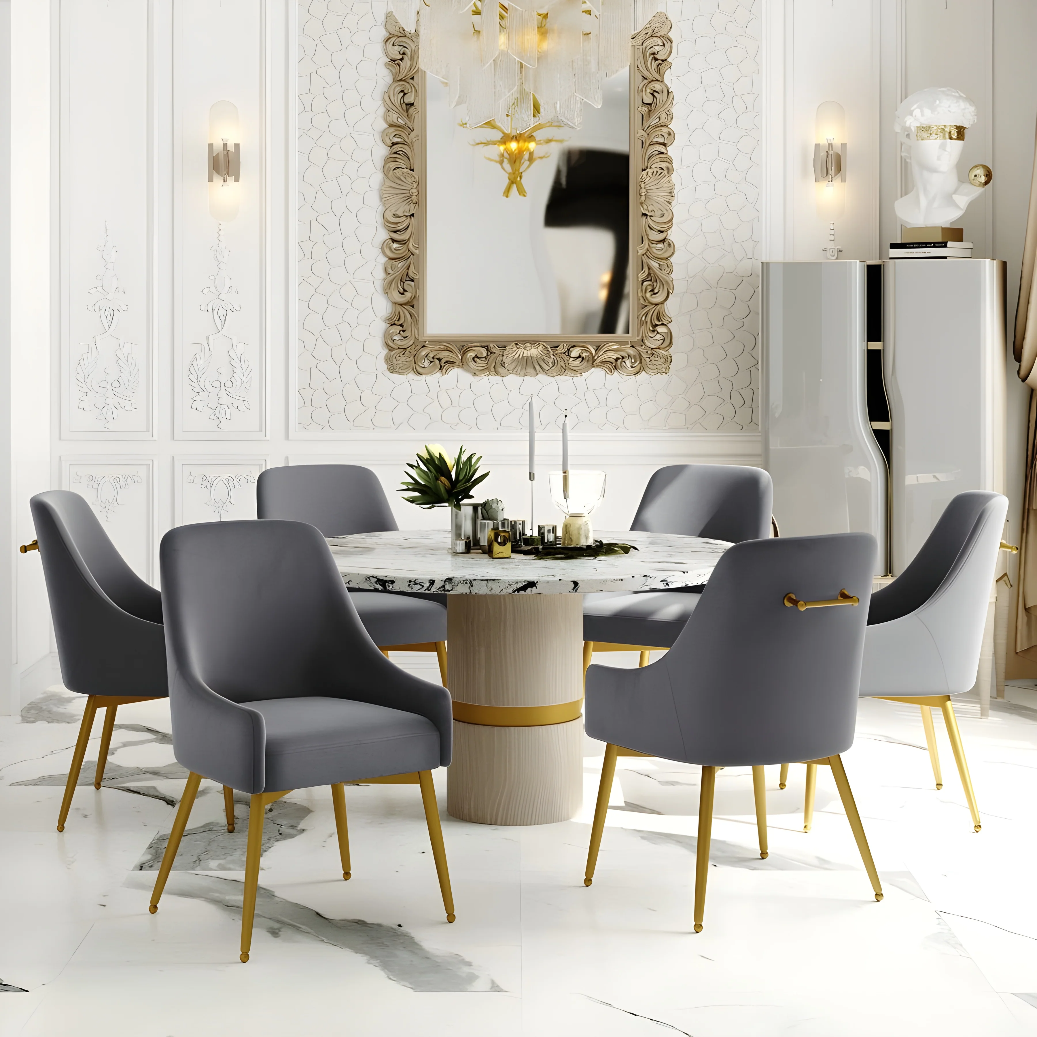 Set of 4 Mid-century Arm Chairs with Metal Base and Upholstered Velvet