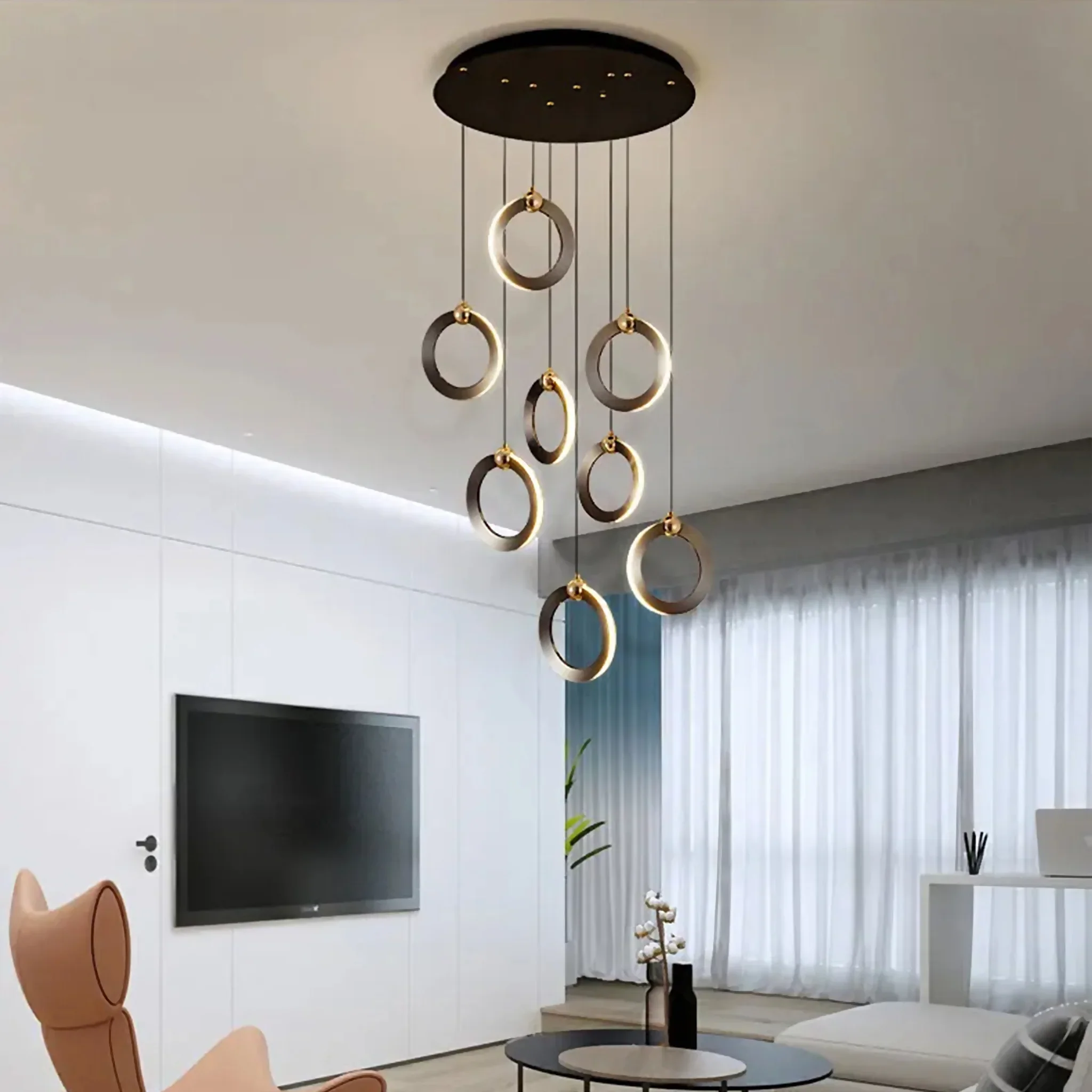 Agra | Elegant Gold Black Led Pendant Rings Chandelier