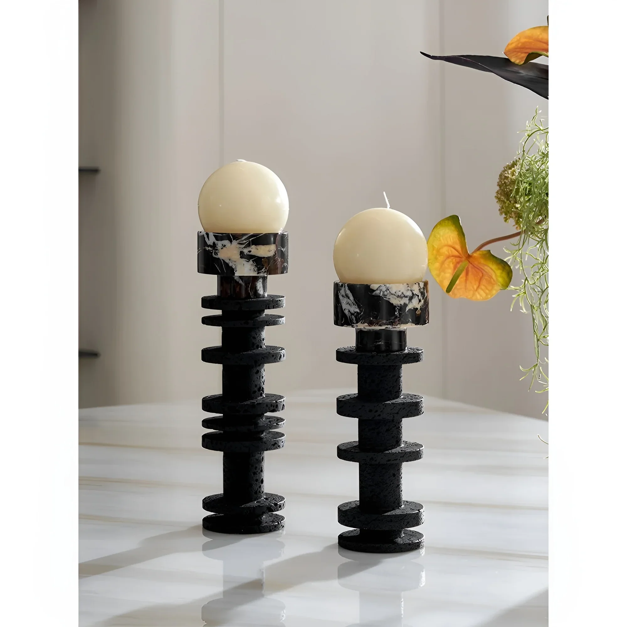 Large Pillar Candle Holder Made of Marble and Travertine Stone