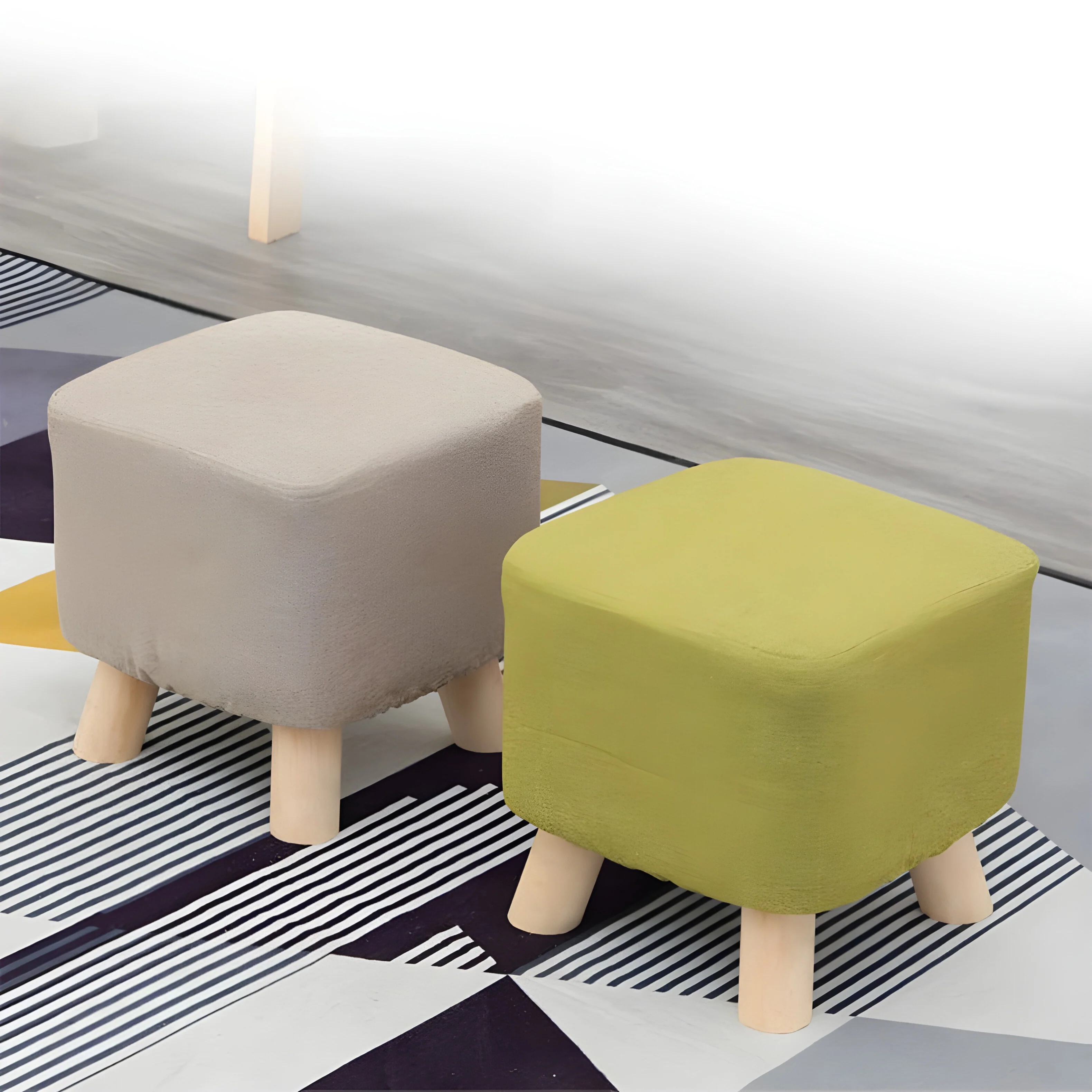 Square Round Modern Ottoman Made of Solid Wood