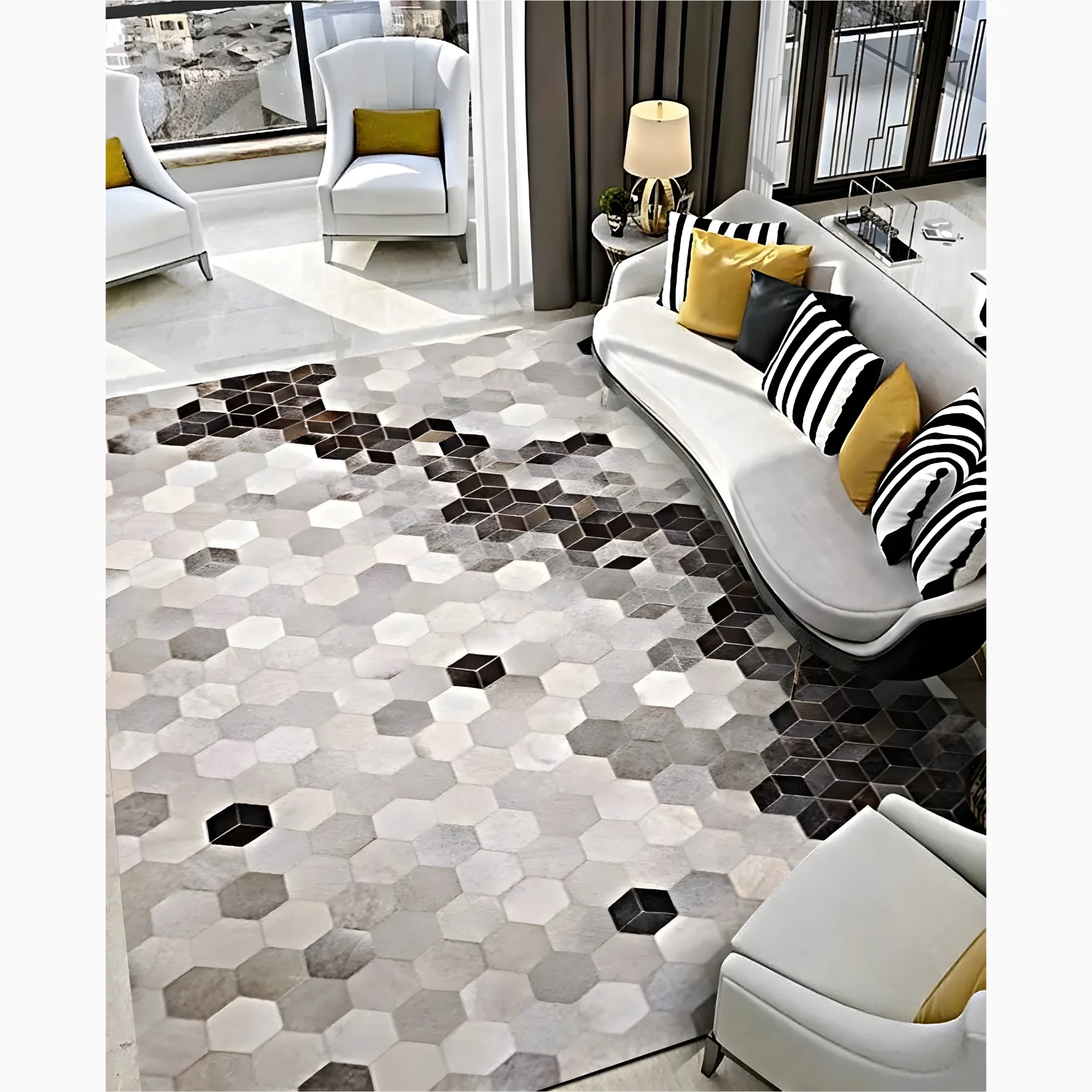 Creative Rectangular Cowhide Carpet with Hexagon Design
