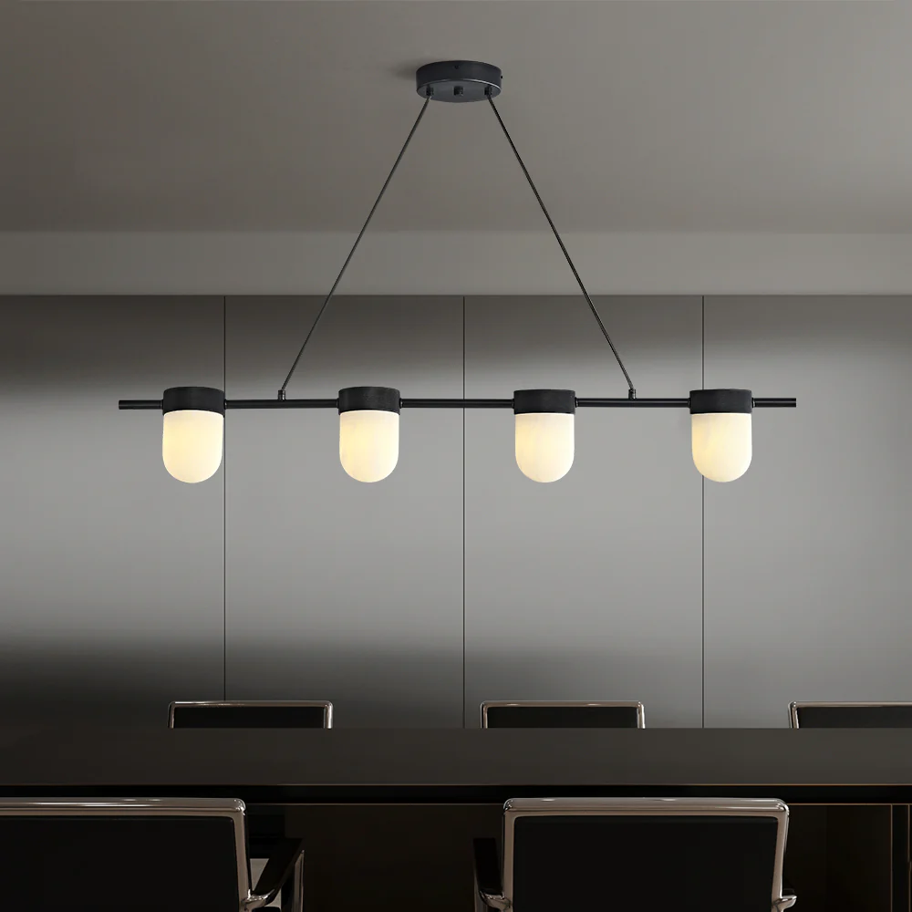 Chic Marble Linear Chandelier Over Dining Table with Hanging Chain