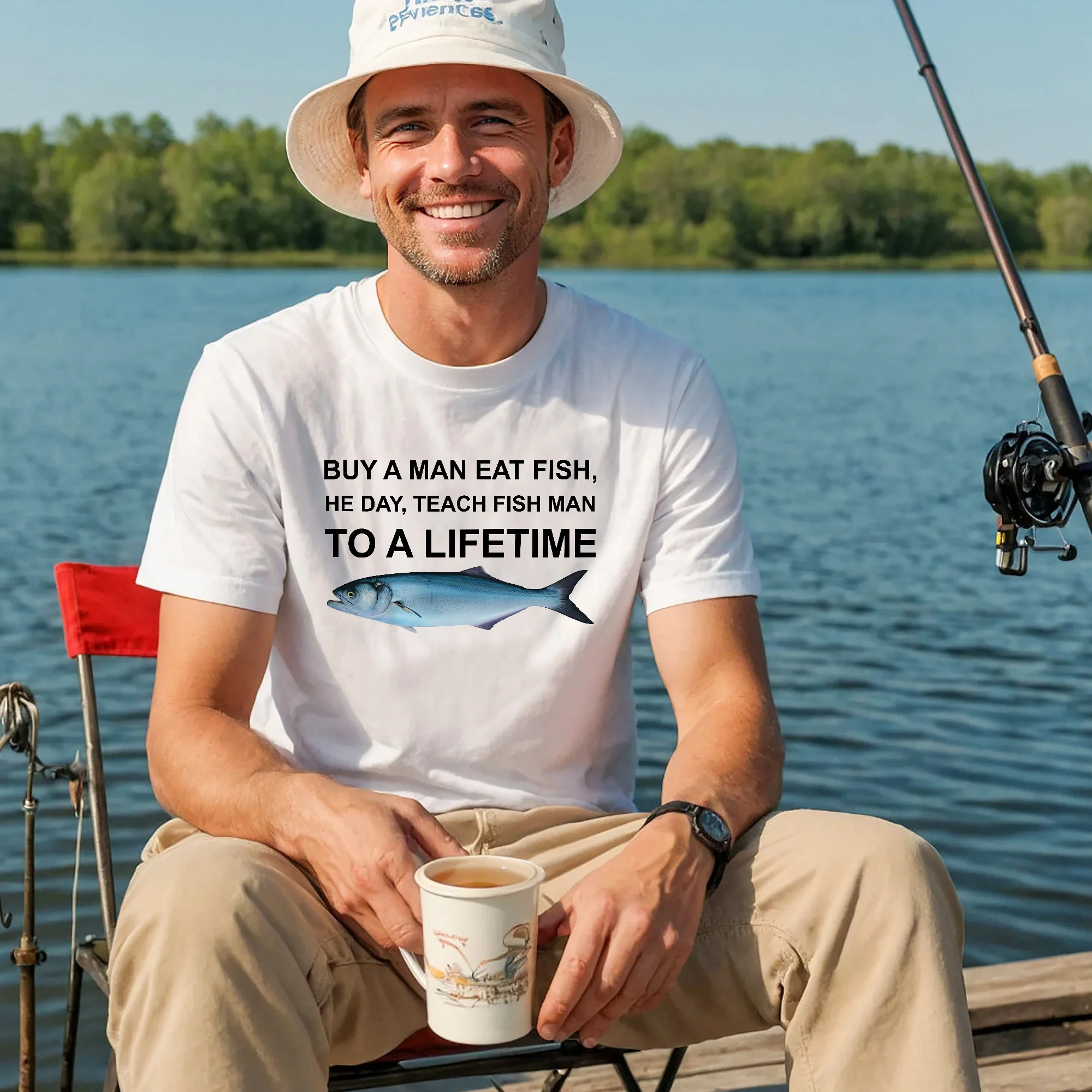 Funny Fishing Shirt �C Buy A Man Eat Fish Quote Tee �C Fisherman Meme Graphic Shirt �C White �C Up To 5XL