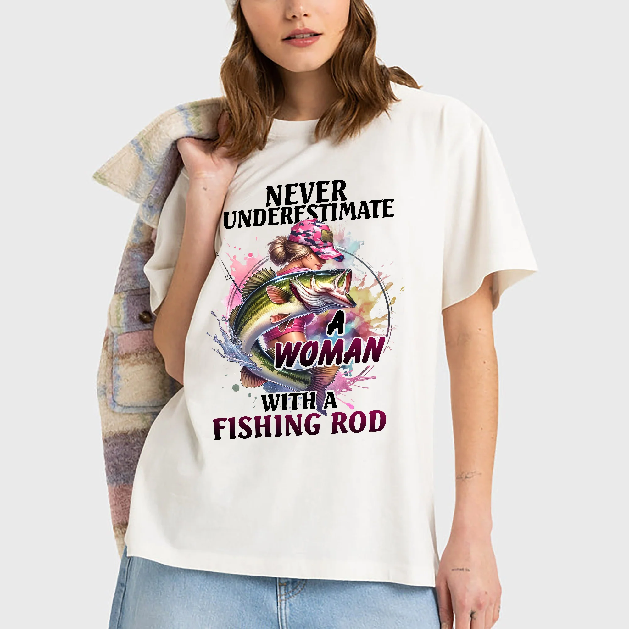 Never Underestimate A Woman With A Fishing Rod Shirt �C Funny Women��s Fishing Tee �C Lady Angler Gift �C Natural �C Up To 5XL