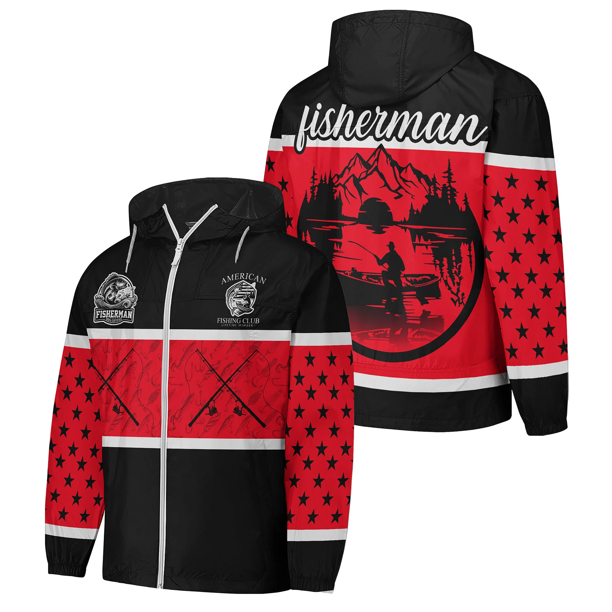 American Fishing Club Windbreaker Jacket �C Red & Black Fisherman Edition | Lightweight Hooded Outdoor Jacket for Men