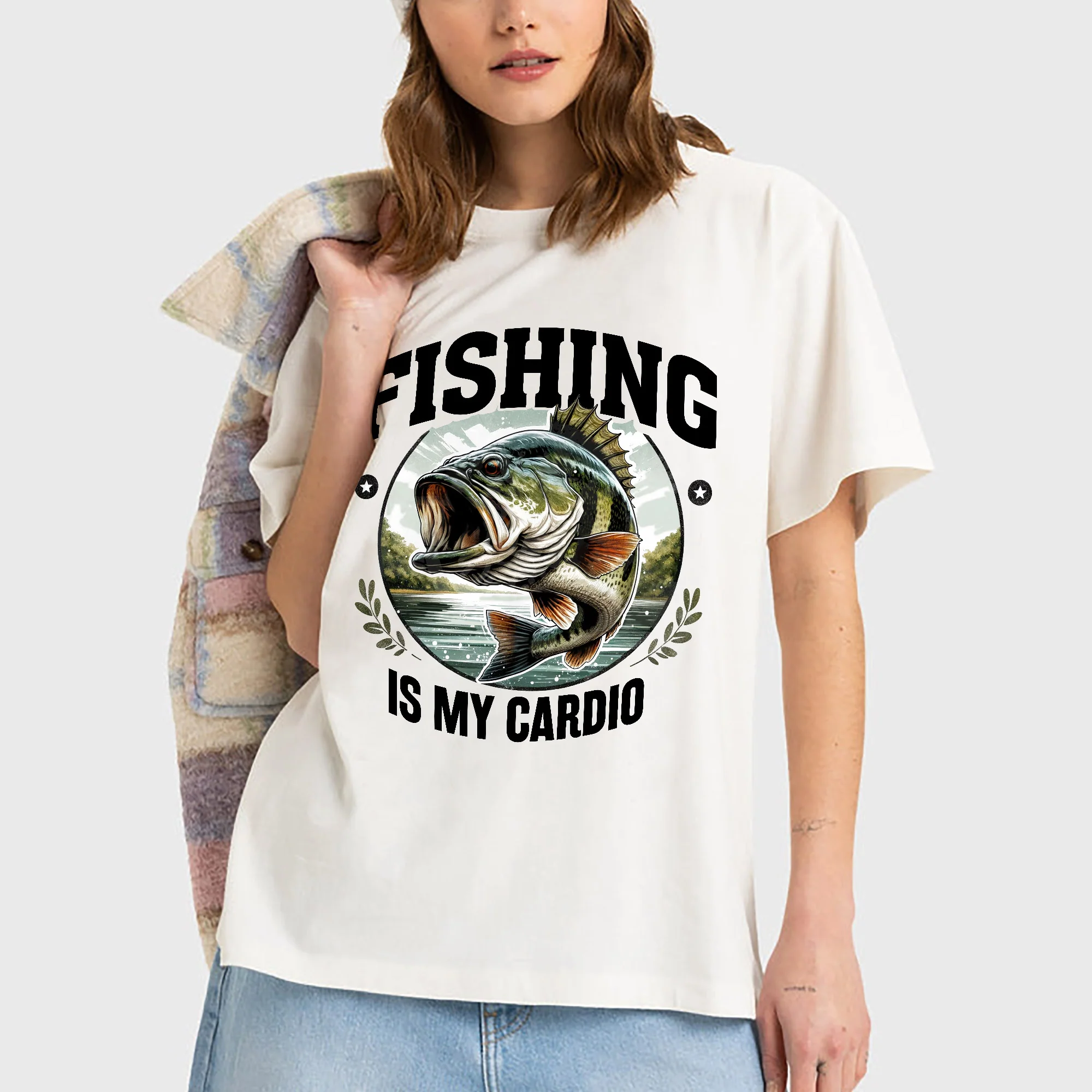 Fishing Is My Cardio Shirt �C Funny Women��s Fishing Tee �C Lady Angler Humor Gift �C Natural �C Up To 5XL