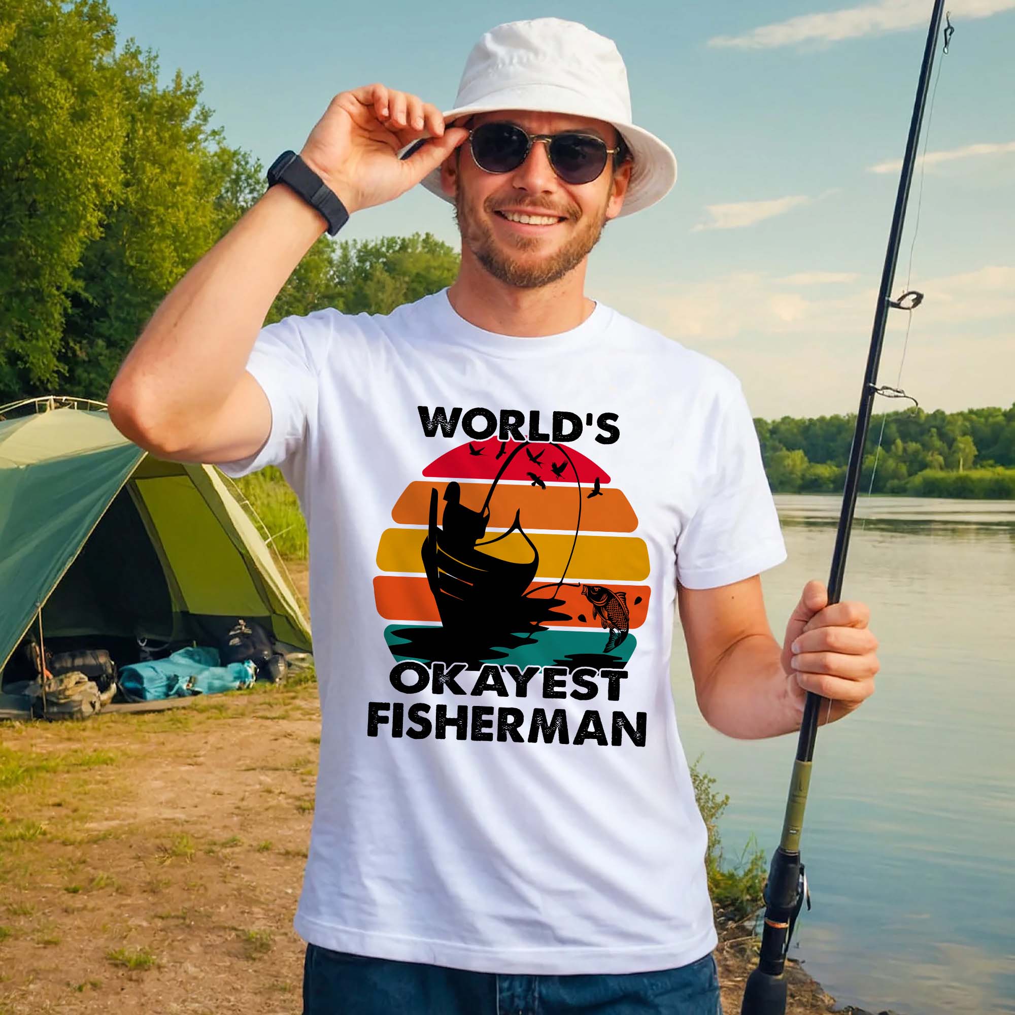 Retro Fishing Shirt �C World's Okayest Fisherman Vintage Tee �C Funny Angler Graphic �C White �C Up To 5XL