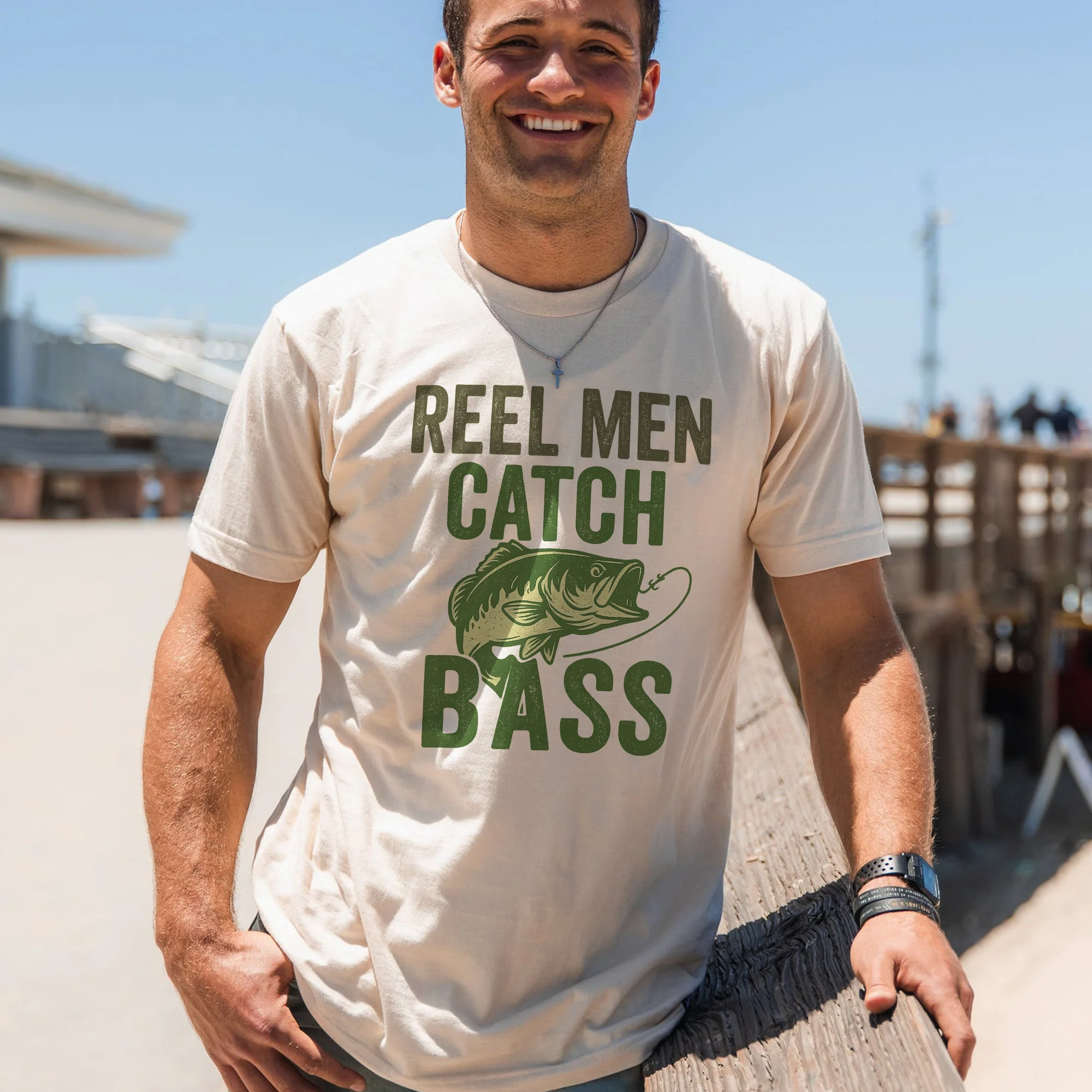 Reel Men Catch Bass Fishing T-Shirt - Funny Largemouth Bass Tee For fisherman - Natural - Up To 5XL