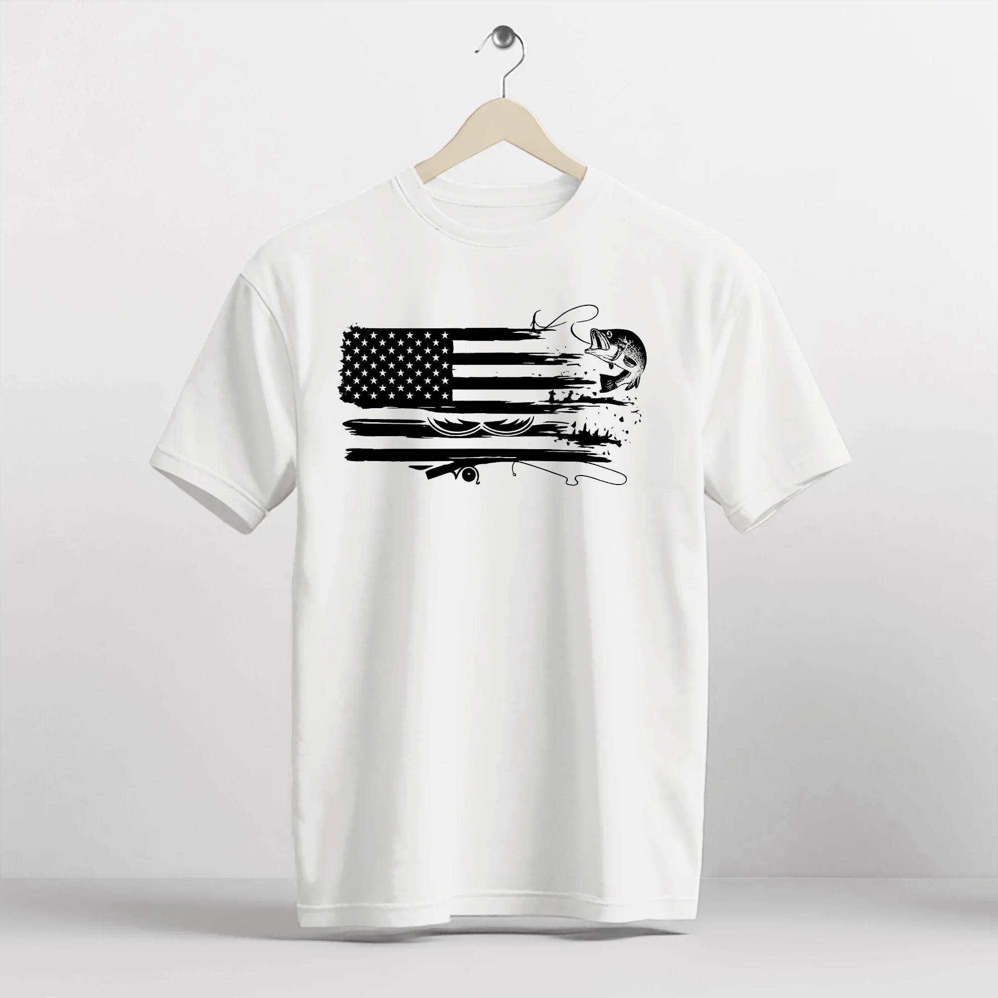 American Fishing Shirt �C USA Flag Bass Angler Tee �C Patriotic Fishing Gift �C White �C Up To 5XL