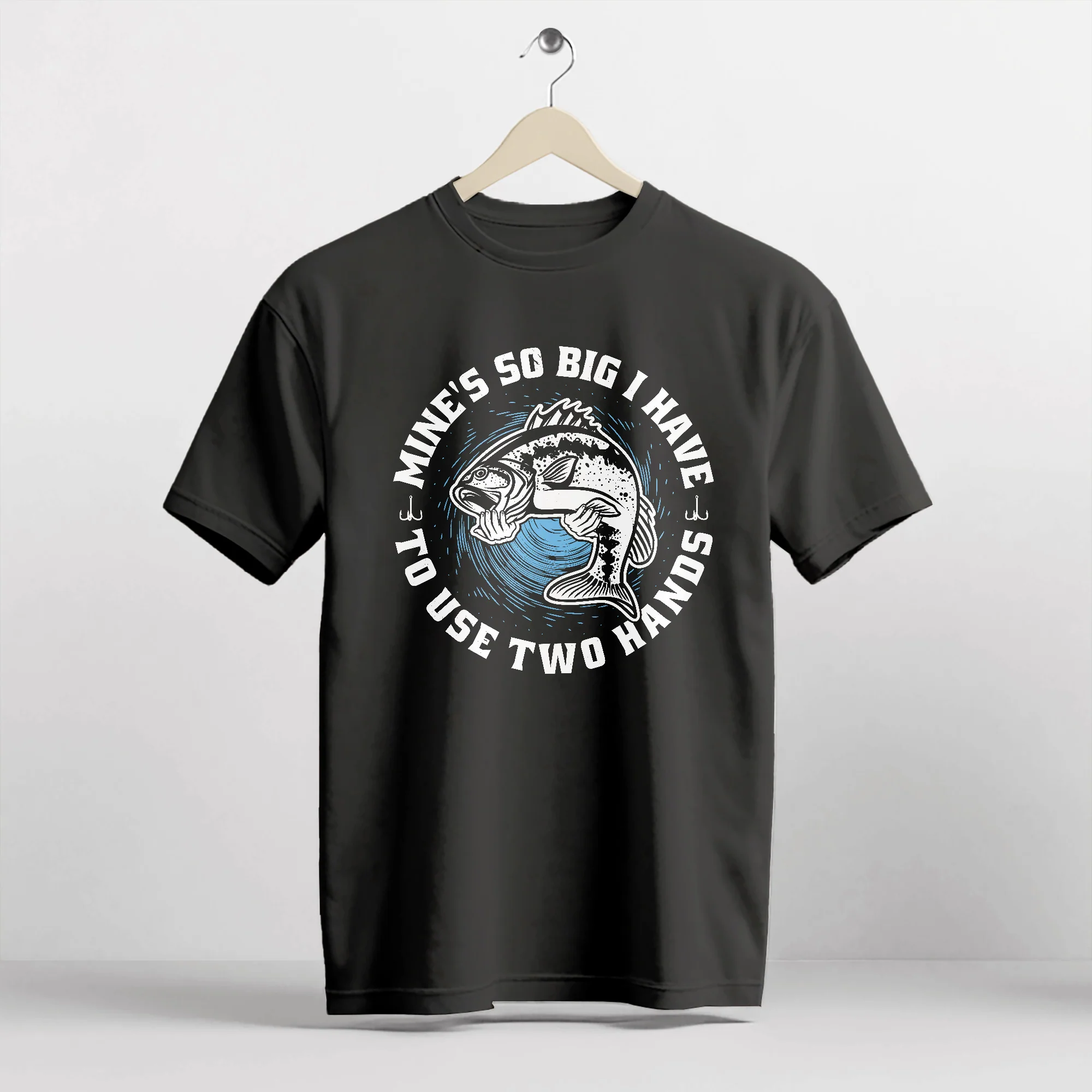 Mines So Big I Have To Use Two Hands Shirt �C Funny Fishing Tee �C Humorous Angler Gift �C Black �C Up To 5XL