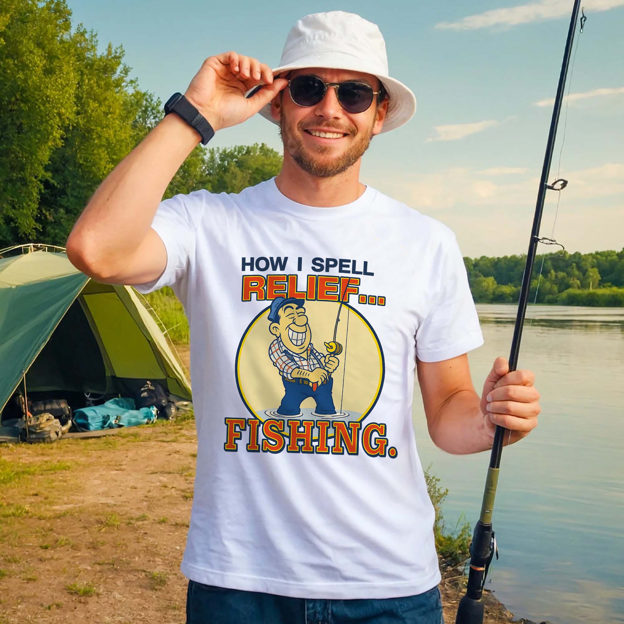 How I Spell Relief Fishing Shirt �C Funny Fishing Tee �C Fisherman Humor Gift �C White �C Up To 5XL