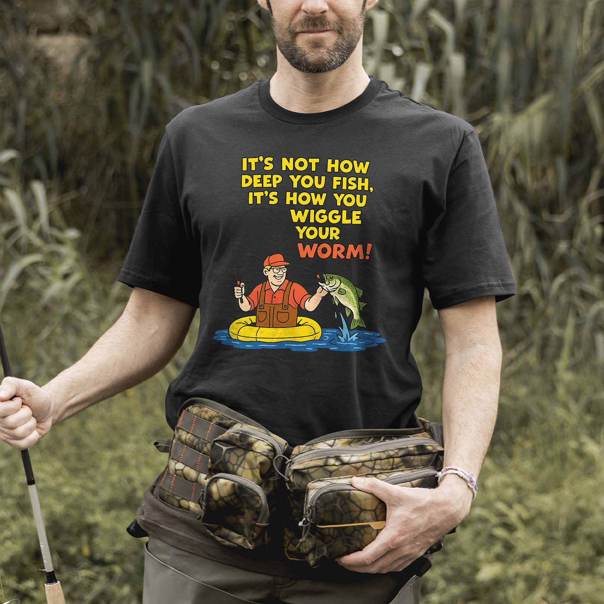 It��s Not How Deep You Fish Shirt �C Funny Worm Wiggle Fishing Tee �C Humorous Angler Gift �C Black �C Up To 5XL