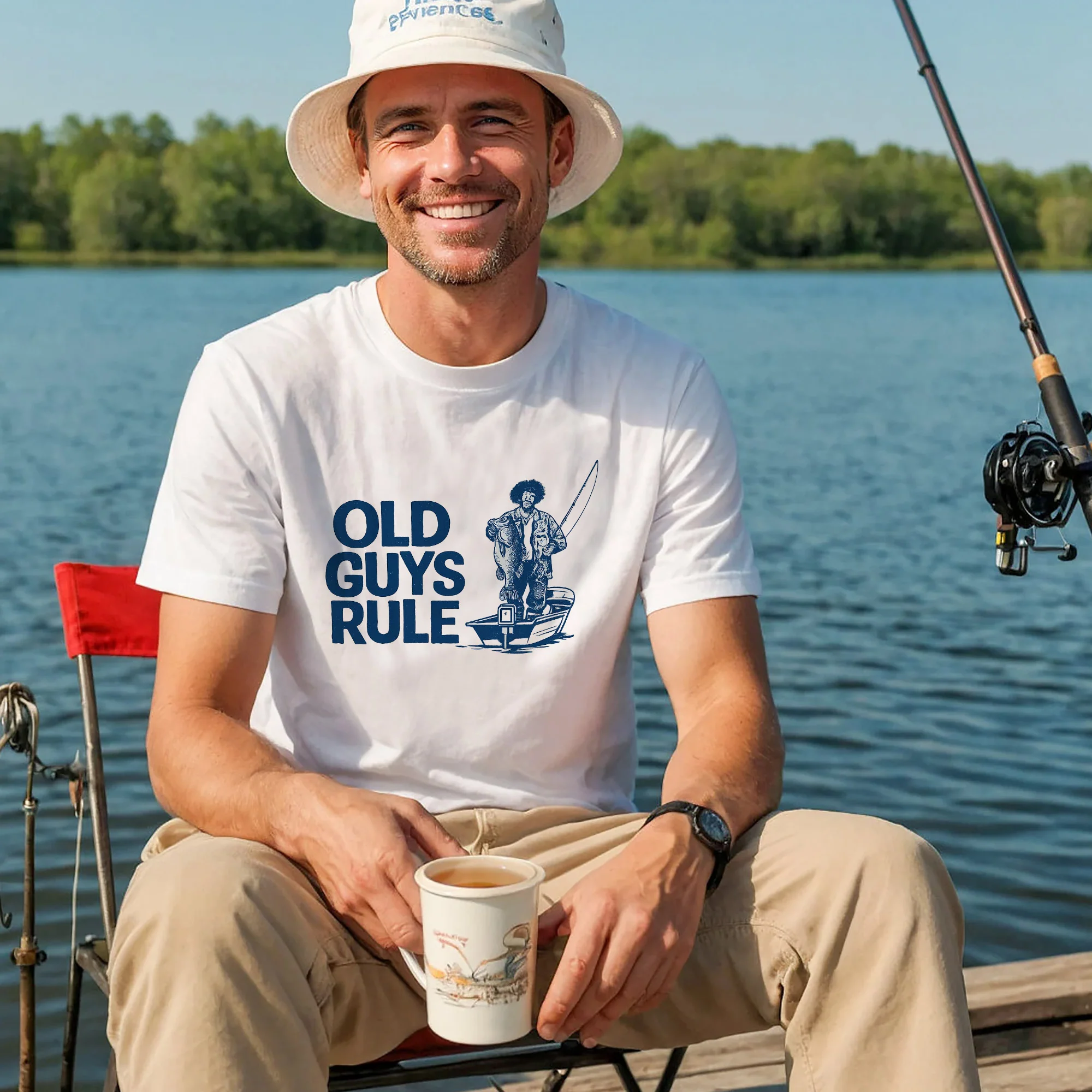 OLD GUYS RULE Fishing Shirt �C Funny Retro Angler Tee �C Humorous Fisherman Gift �C White �C Up To 5XL