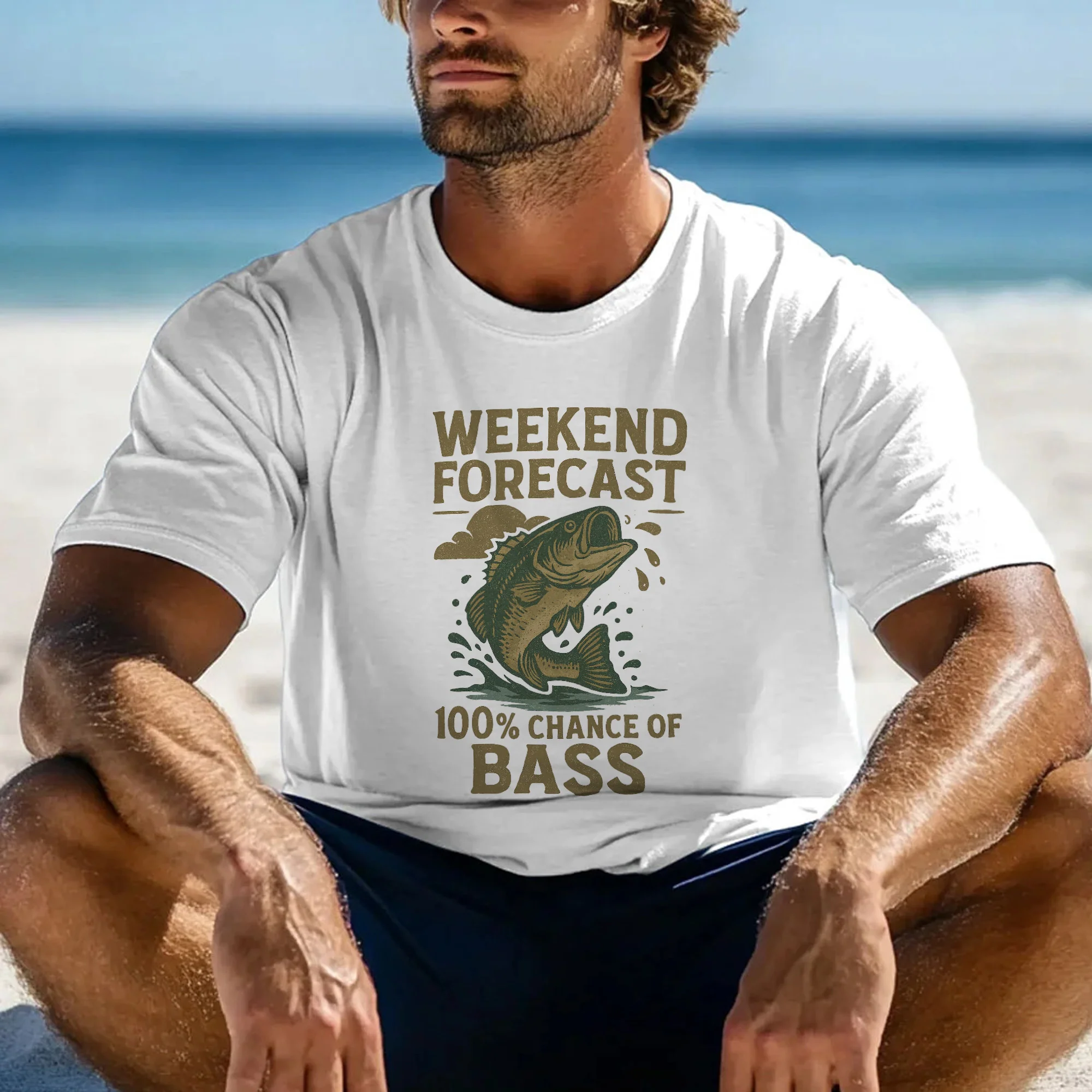 Weekend Forecast 100% Chance Of Bass White T-Shirt - Funny Fishing Shirt For Anglers - White - Up To 5XL