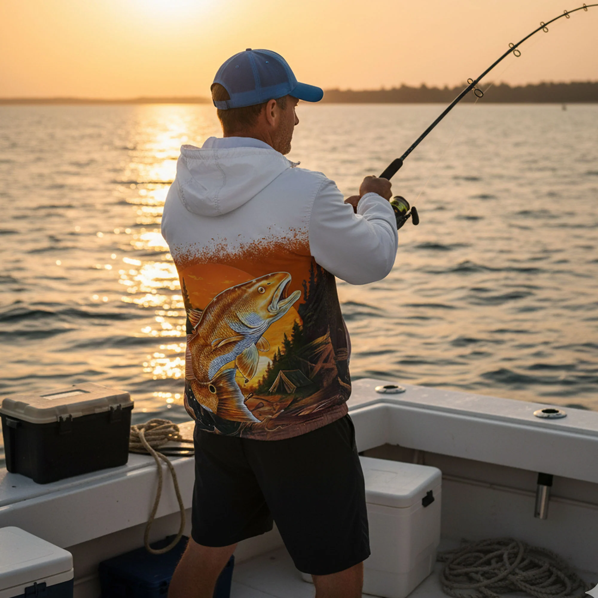 Redfish Sunset Lightweight Windbreaker Jacket �C Saltwater Fishing Hoodie for Anglers