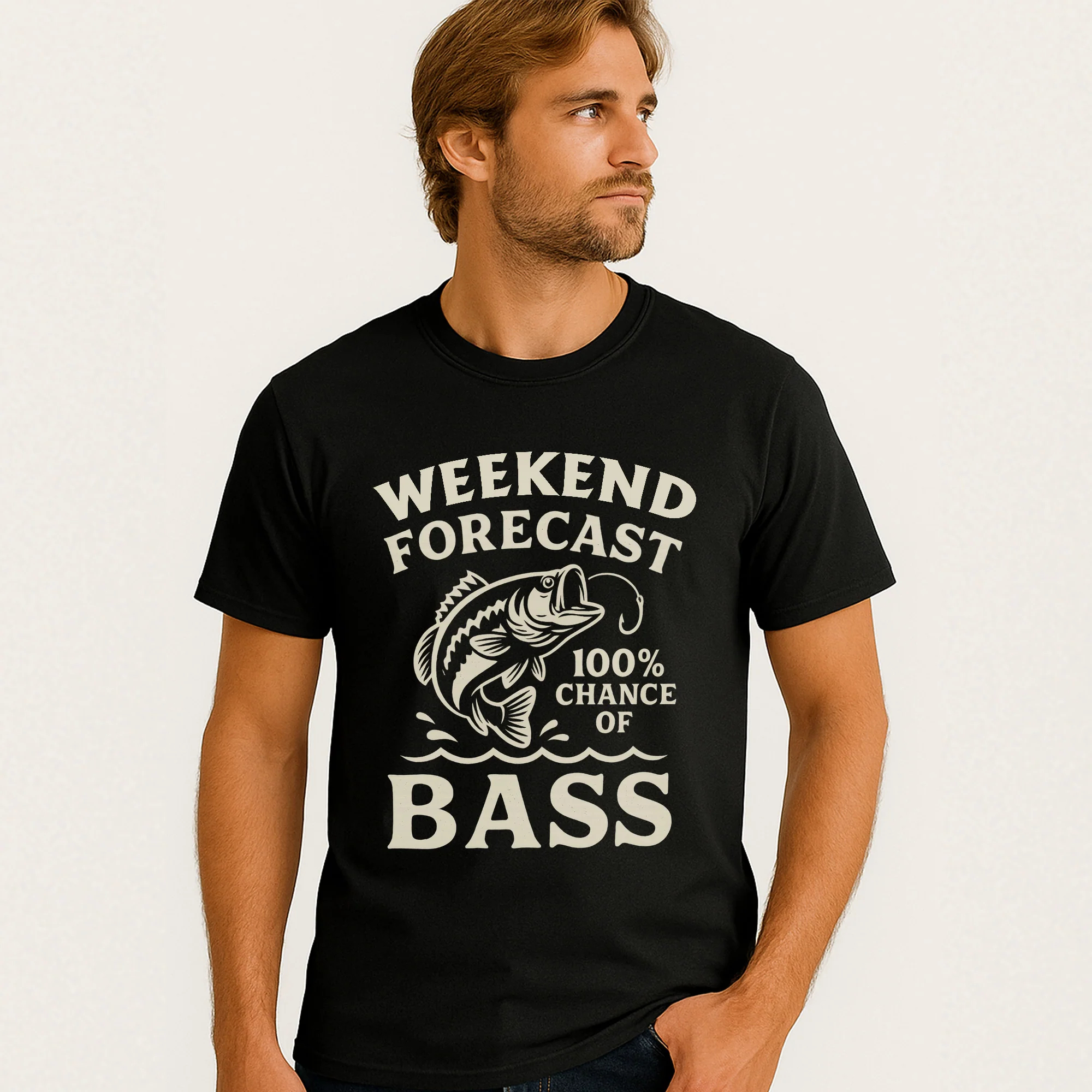 Weekend Forecast 100% Chance Of Bass Fisherman Shirt - Funny Fishing Tee For Anglers - Black - Up To 5XL