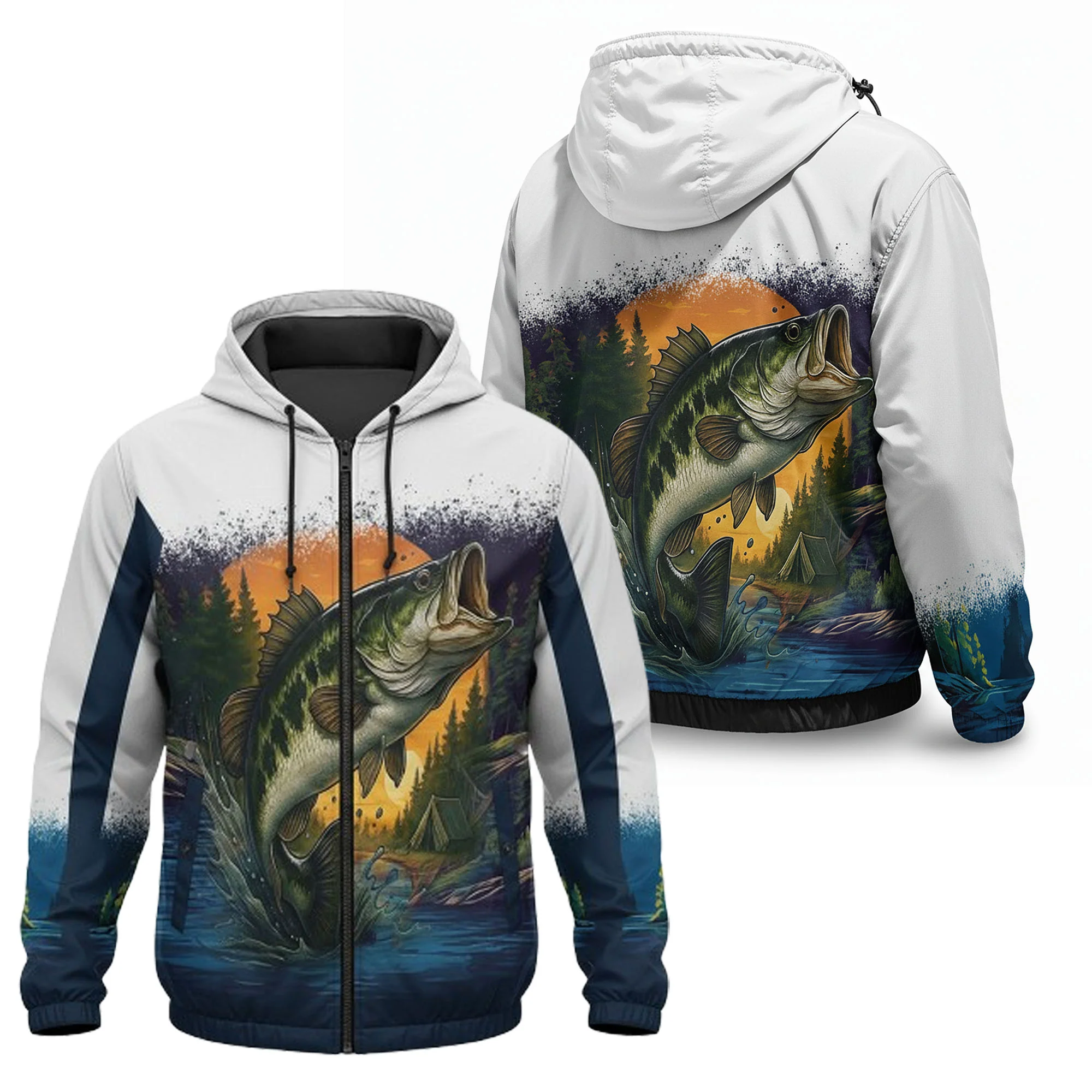 Largemouth Bass Windbreaker Jacket �C Sunrise Fishing Edition | Lightweight Hooded Fishing Jacket for Men