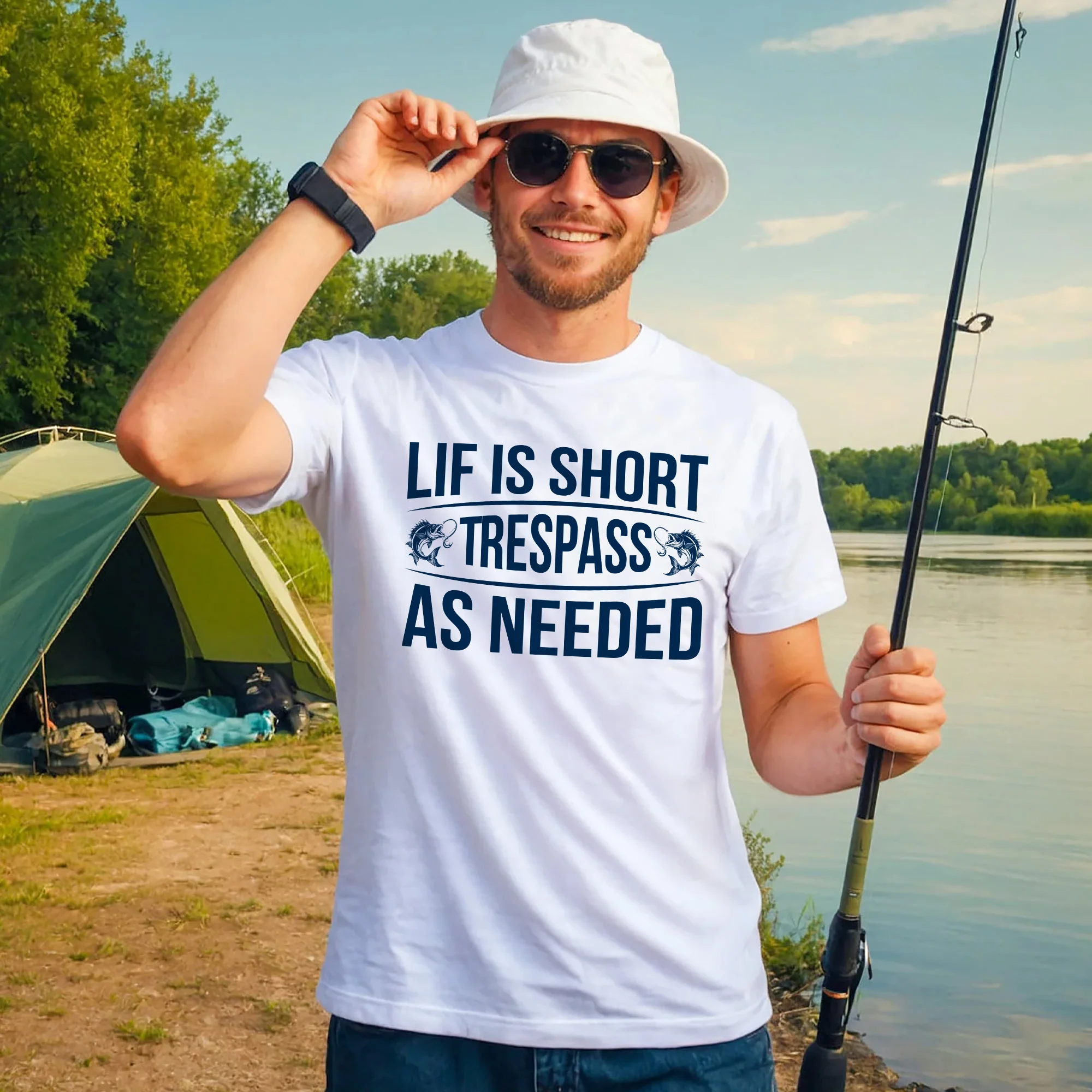 Fishing Humor Shirt �C Life Is Short Trespass As Needed Tee �C Funny Fisherman Gift �C White �C Up To 5XL