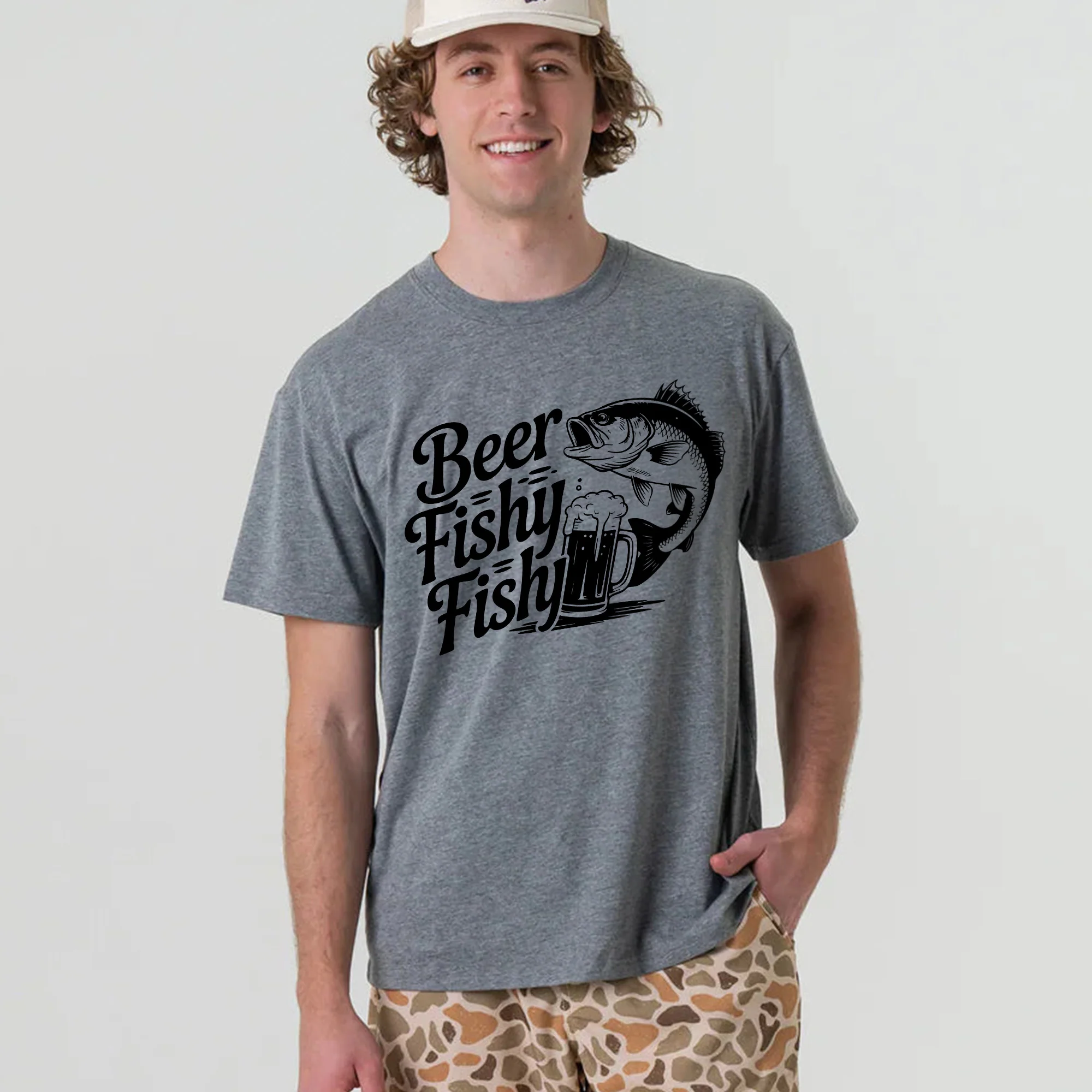 Funny Fishing Shirt - Beer Fishy Fishy Graphic Tee - Fisherman & Beer Lover Gift  �C Sport Grey �C Up To 5XL