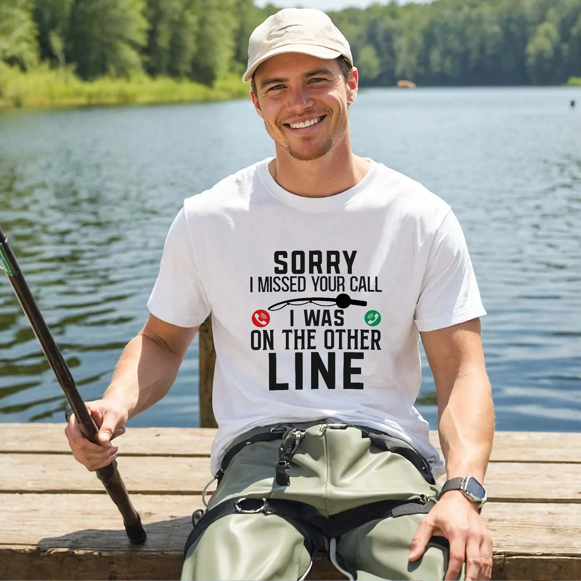 Funny Fishing Shirt �C Sorry I Missed Your Call I Was on the Other Line Tee �C Humor Gift for Anglers �C White �C Up To 5XL