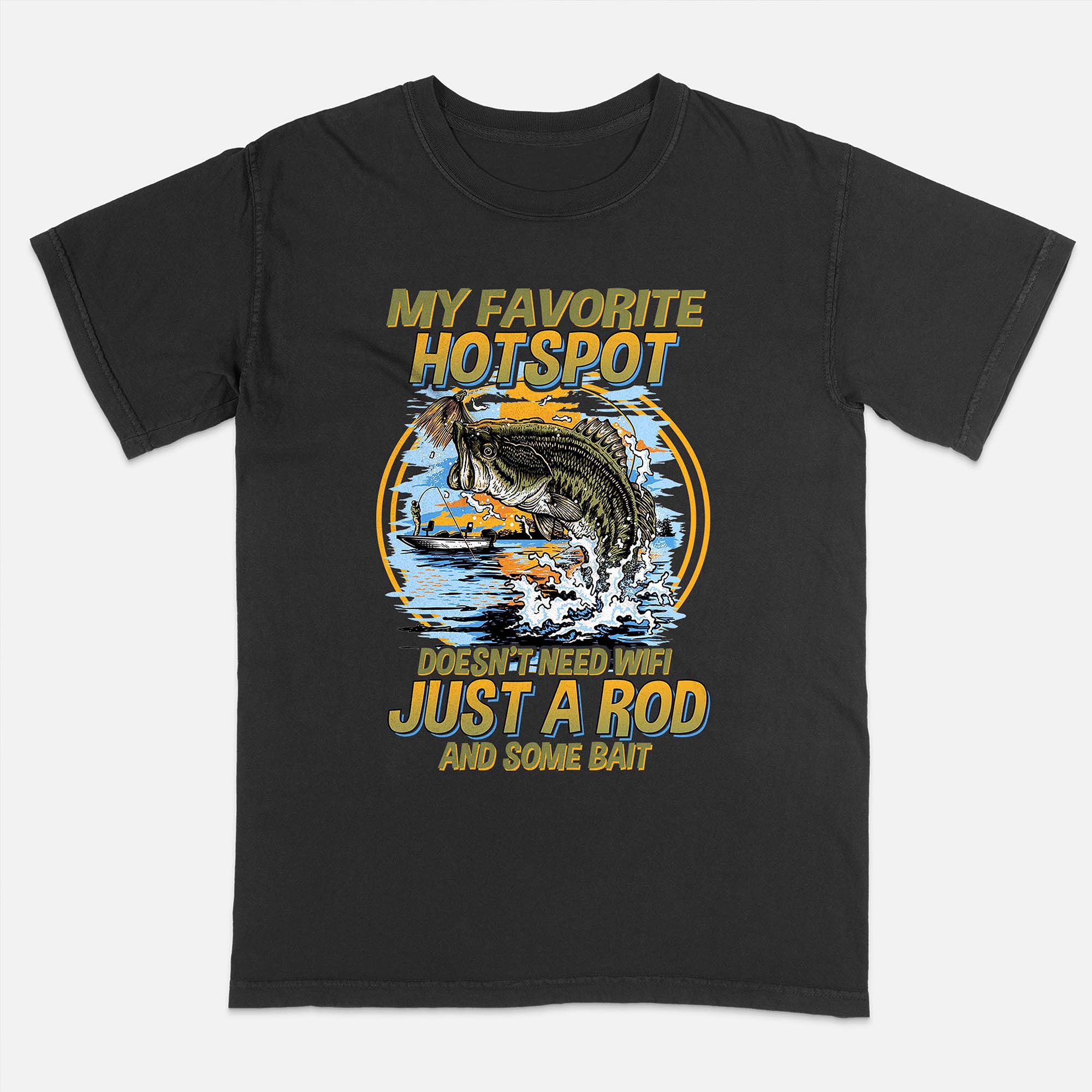 Fishing Humor Shirt �C Favorite Hotspot No WiFi Rod and Bait Tee �C Funny Fisherman Gift �C Black �C Up To 5XL