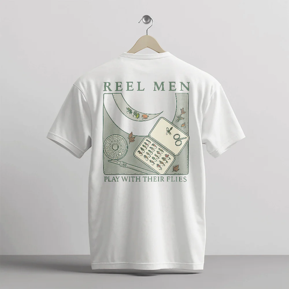 Vintage Reel Men Play With The Flies Shirt �C Funny Fly Fishing Tee �C Fisherman Humor Gift �C White �C Up To 5XL