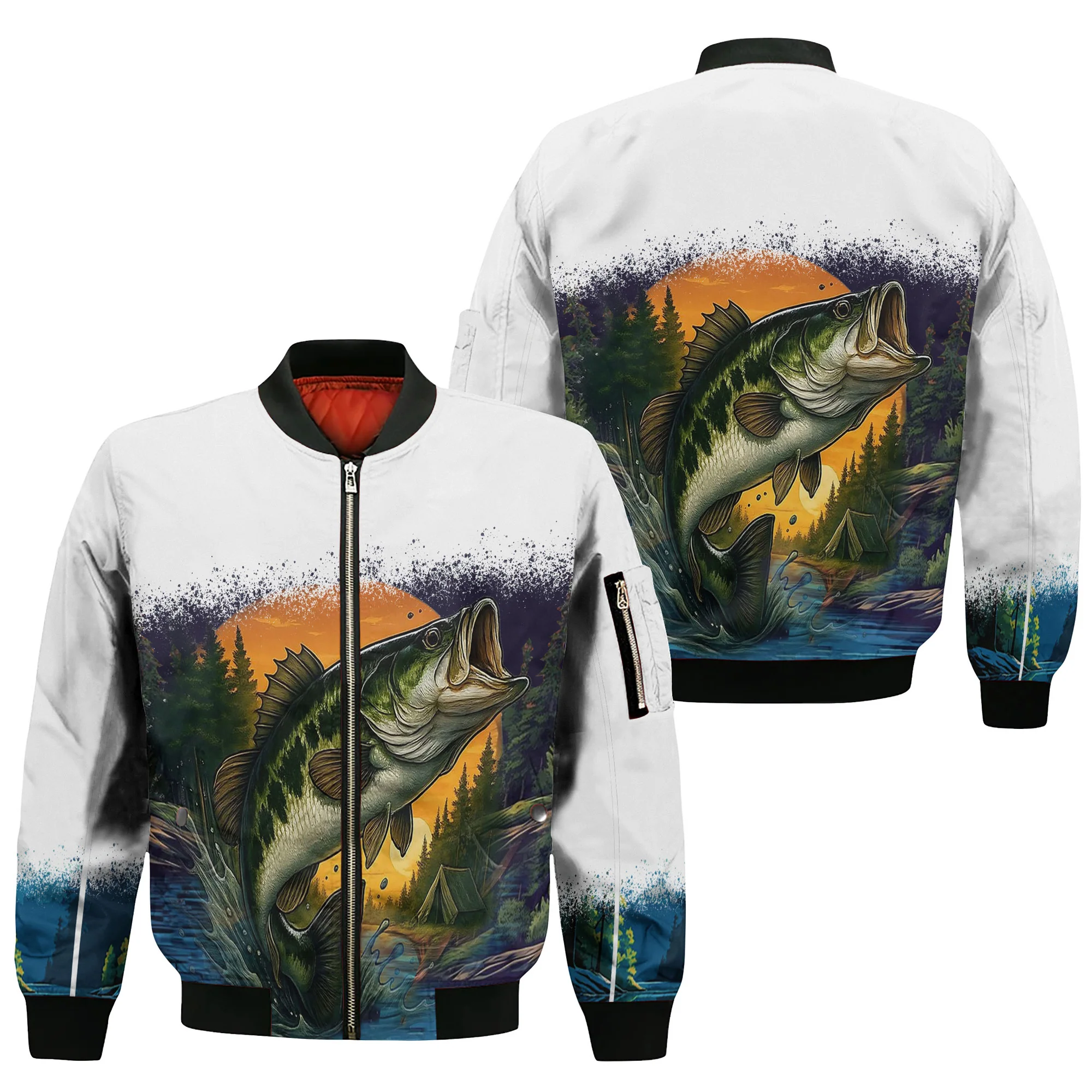Largemouth Bass Bomber Jacket �C Sunrise Fishing Edition | White & Blue Outdoor Fisherman Jacket for Men