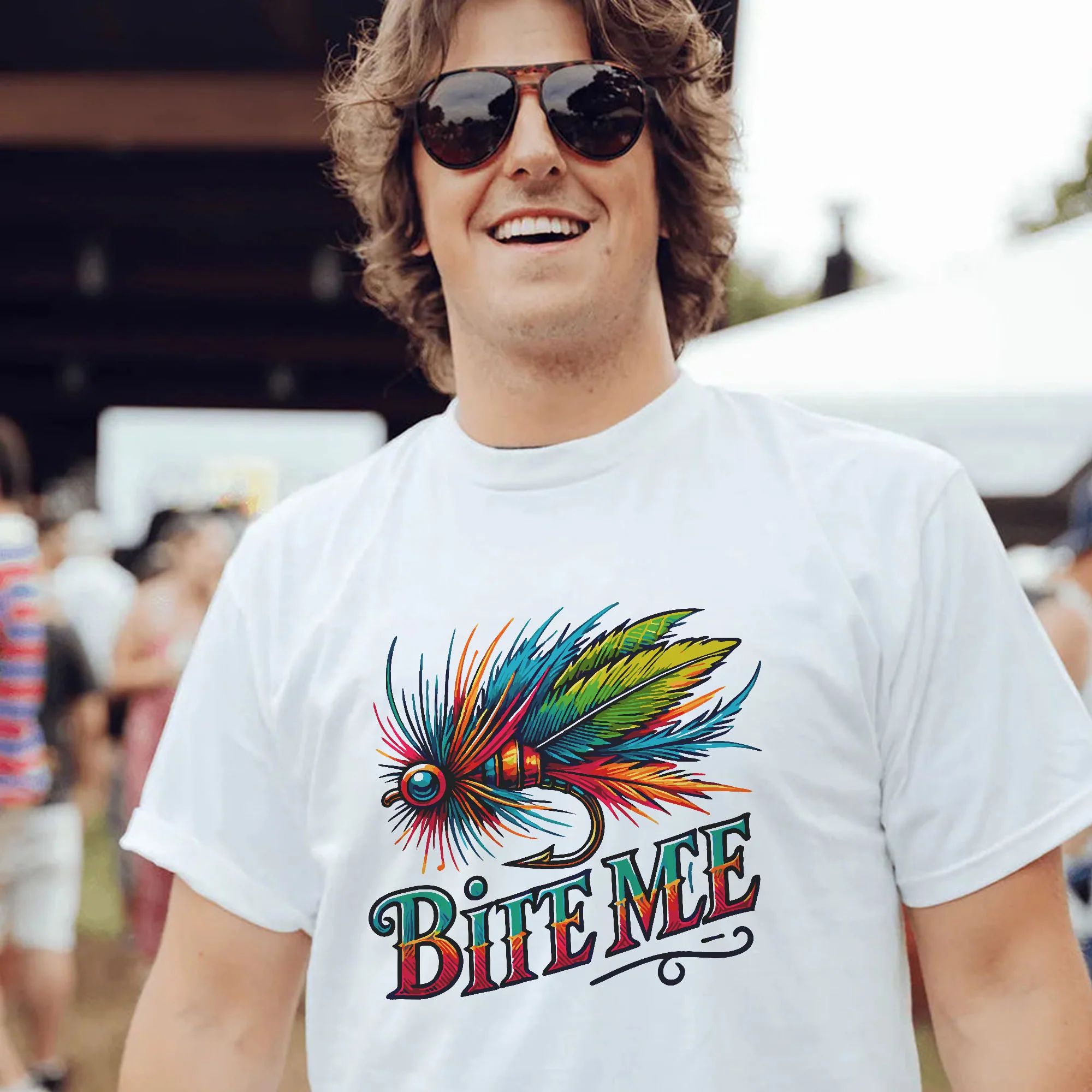 Funny Fly Fishing Shirt - Bite Me Fly Lure Graphic Tee - Colorful Gift for Anglers �C White �C Up To 5XL