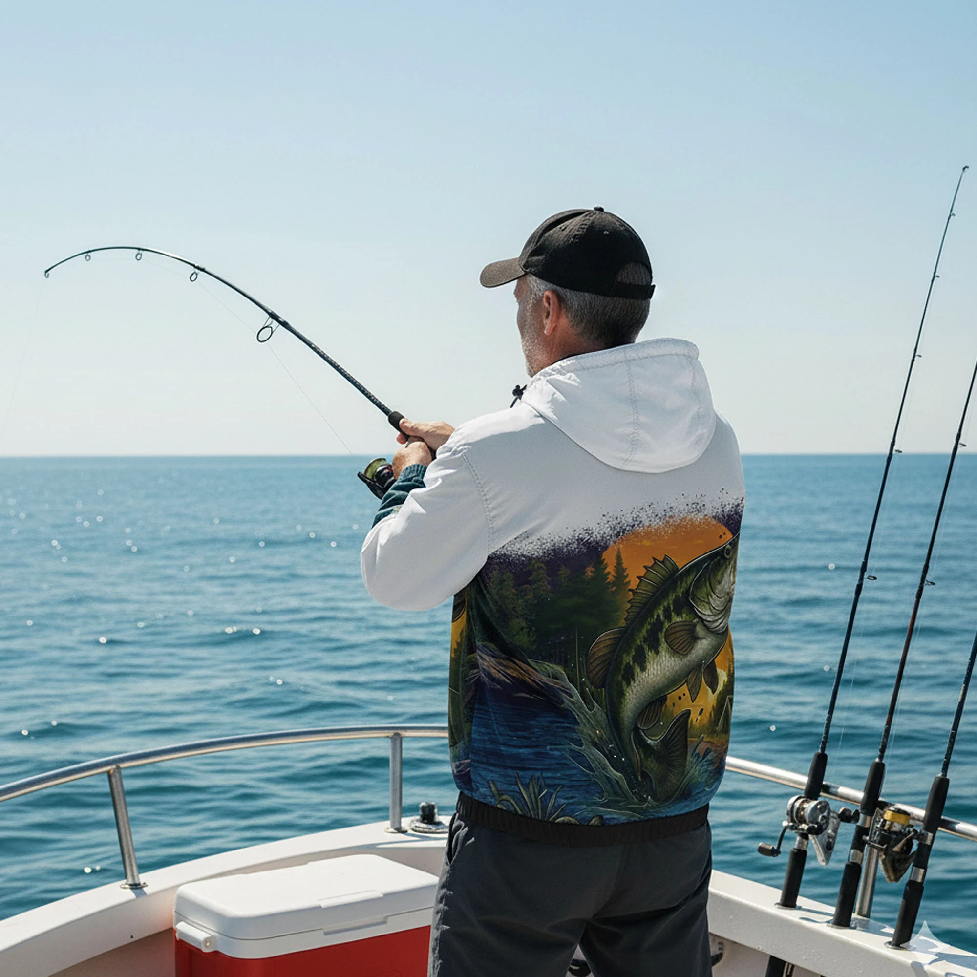Largemouth Bass Windbreaker Jacket �C Sunrise Fishing Edition | Lightweight Hooded Fishing Jacket for Men