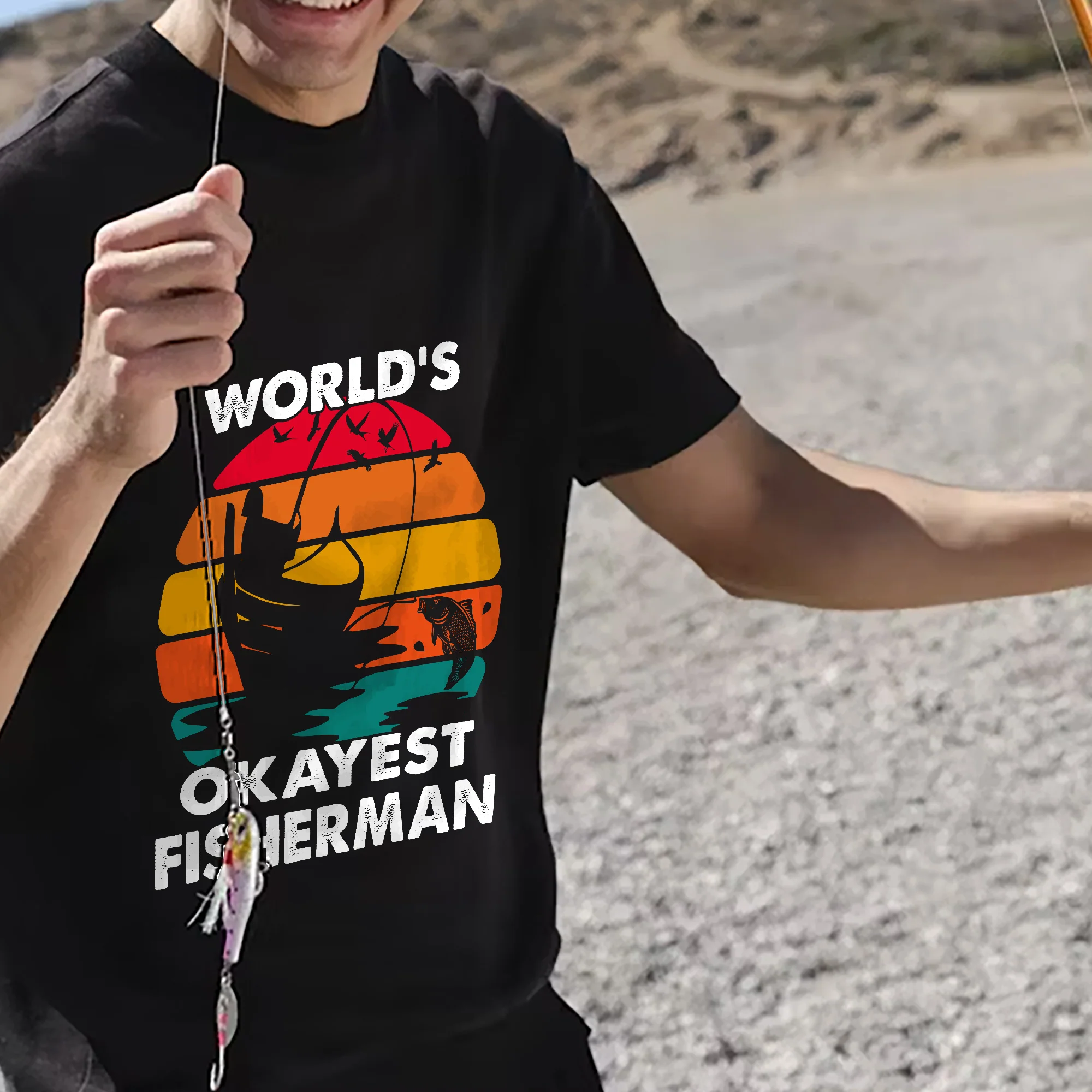 Retro Fishing Shirt �C World's Okayest Fisherman Vintage Tee �C Funny Angler Graphic Shirt �C Black �C Up To 5XL