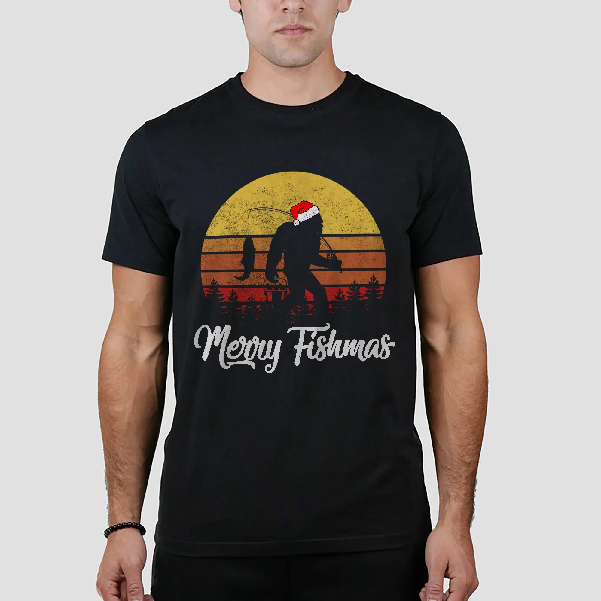 Funny Christmas Fishing Shirt - Merry Fishmas Bigfoot Tee - Holiday Gift for Fishermen �C Black �C Up To 5XL