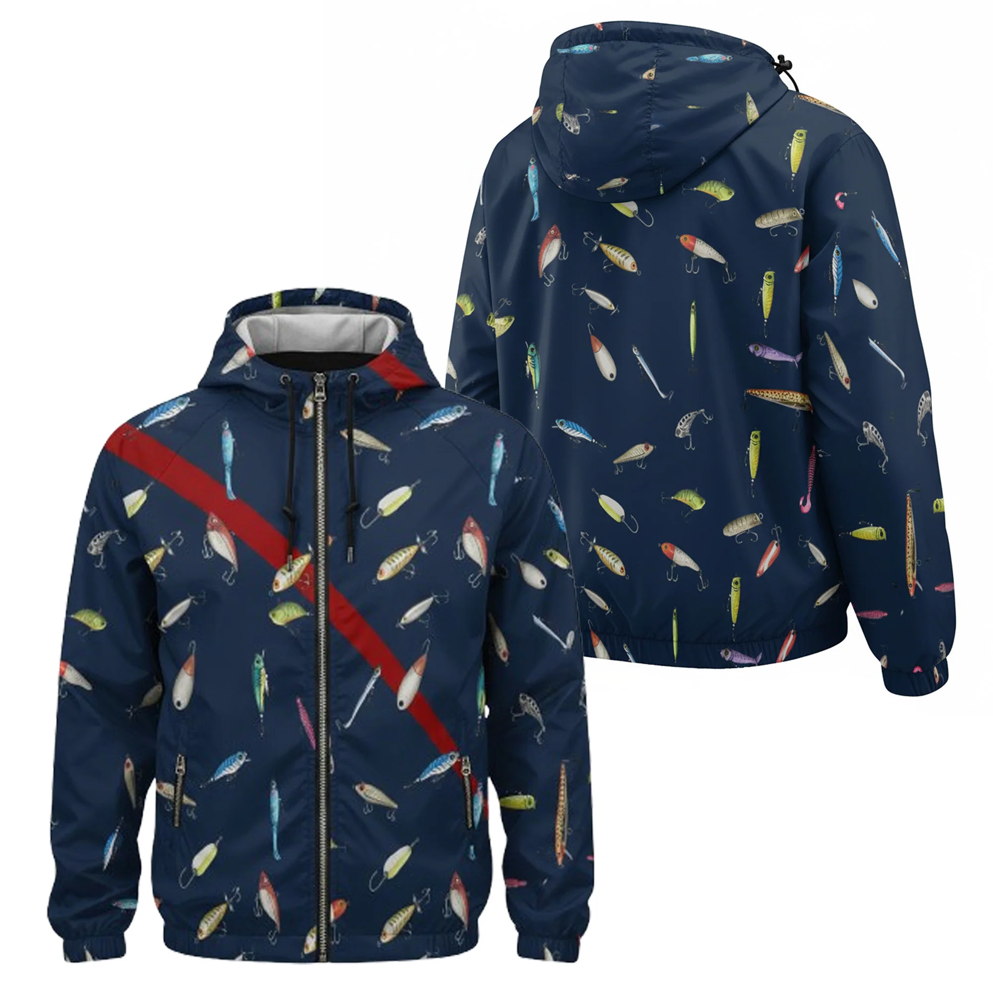Navy Fishing Lure Windbreaker Jacket �C Lightweight Hooded Outdoor Jacket for Men