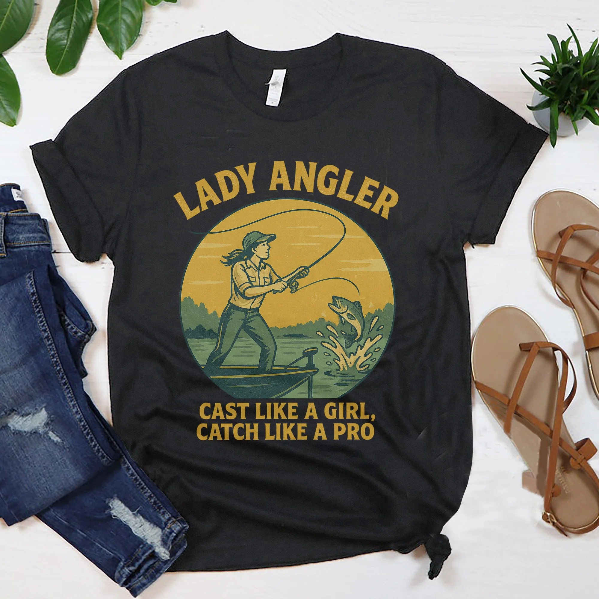 Lady Angler Cast Like A Girl Catch Like A Pro Shirt �C Funny Fishing Tee for Girl �C Black �C Up To 5XL
