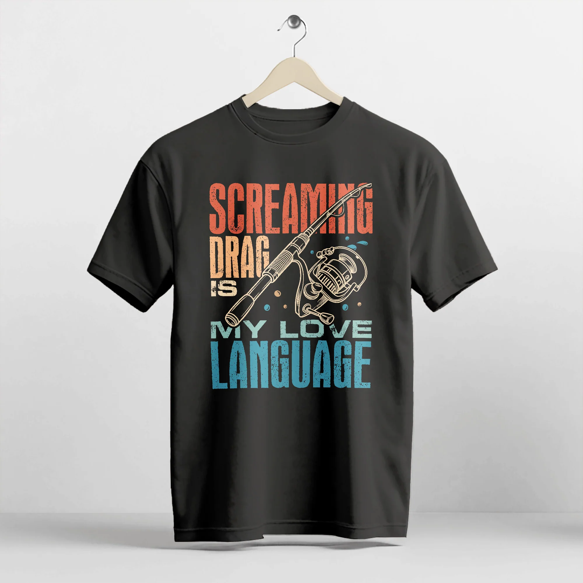 Funny Angler Shirt �C Screaming Drag Is My Love Language Tee �C Fishing Gift for Fishermen �C Black �C Up To 5XL