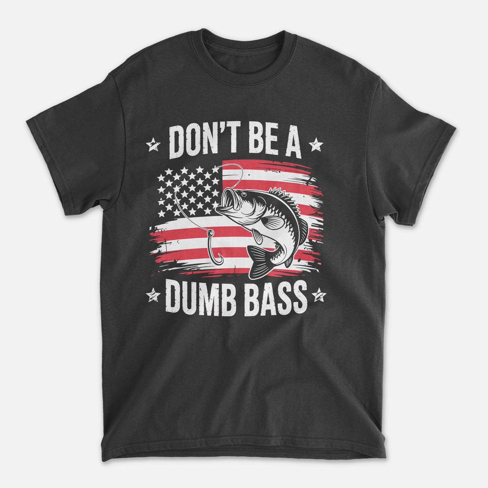 Funny Fishing Shirt �C Don��t Be a Dumb Bass Patriotic Angler Tee �C USA Flag Graphic �C Black �C Up To 5XL
