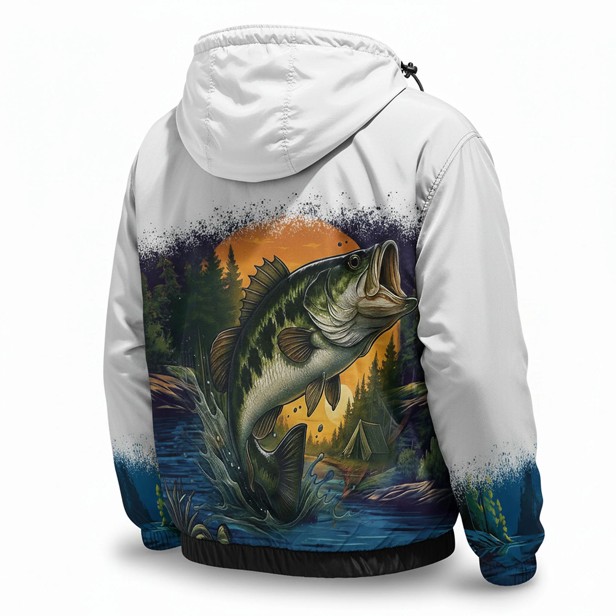 Largemouth Bass Windbreaker Jacket �C Sunrise Fishing Edition | Lightweight Hooded Fishing Jacket for Men